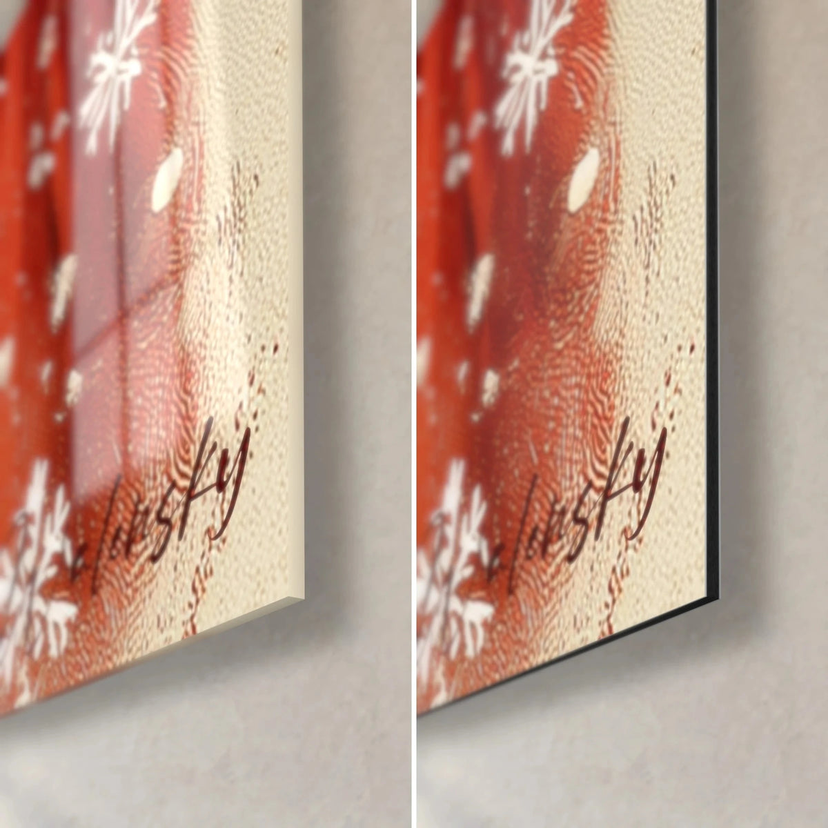 Wall art Santa Claus in an old master painting style, bottom right corner: shiny red and cream glass, 3 mm thickness, matte black Dibond