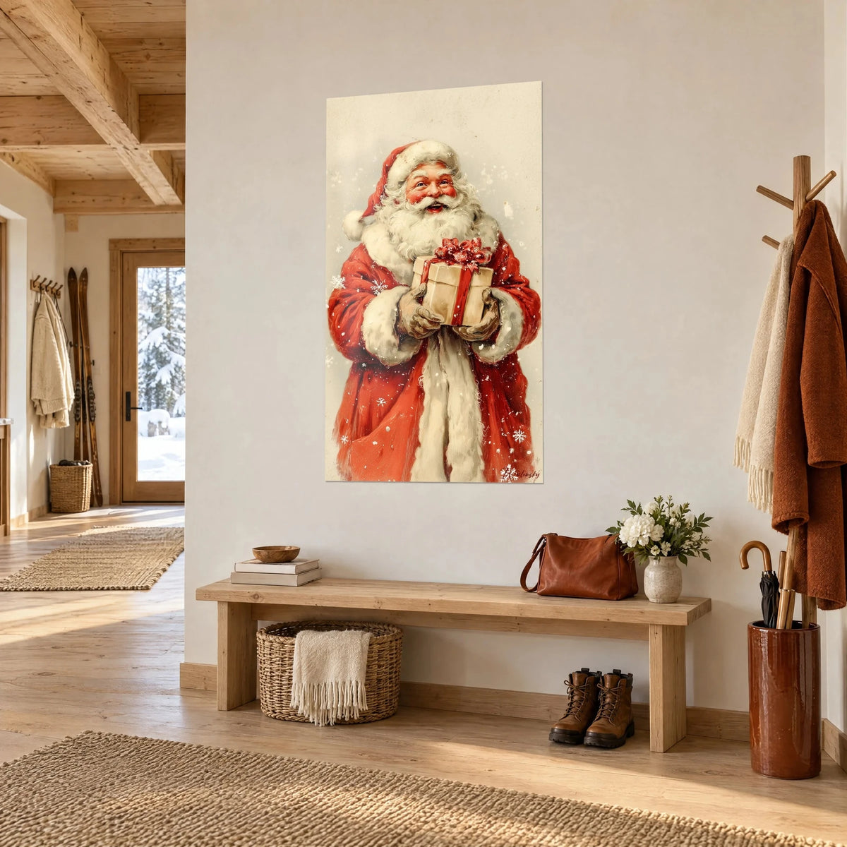 Wall art smiling old winter man, scarlet hooded cloak edged with ivory ermine, golden parcel, entrance of a light wood chalet