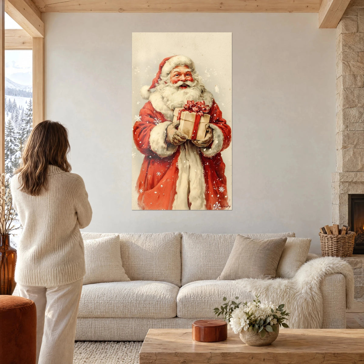 Wall art bearded Santa Claus in a bright red coat with cream fur trim, gift tied with a ribbon, above a sofa in a bright living room