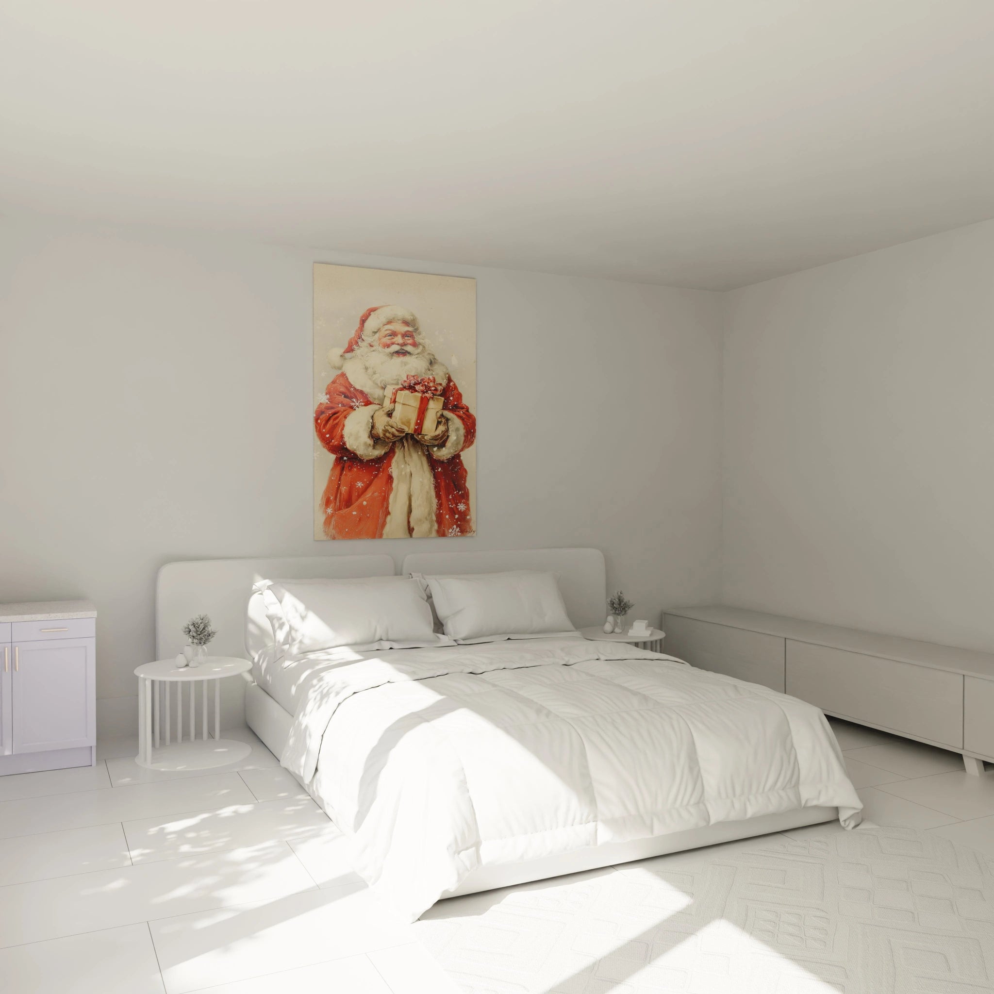Tableau Père Noël édition limitée sur un mur au-dessus d'un lit moderne dans une chambre lumineuse