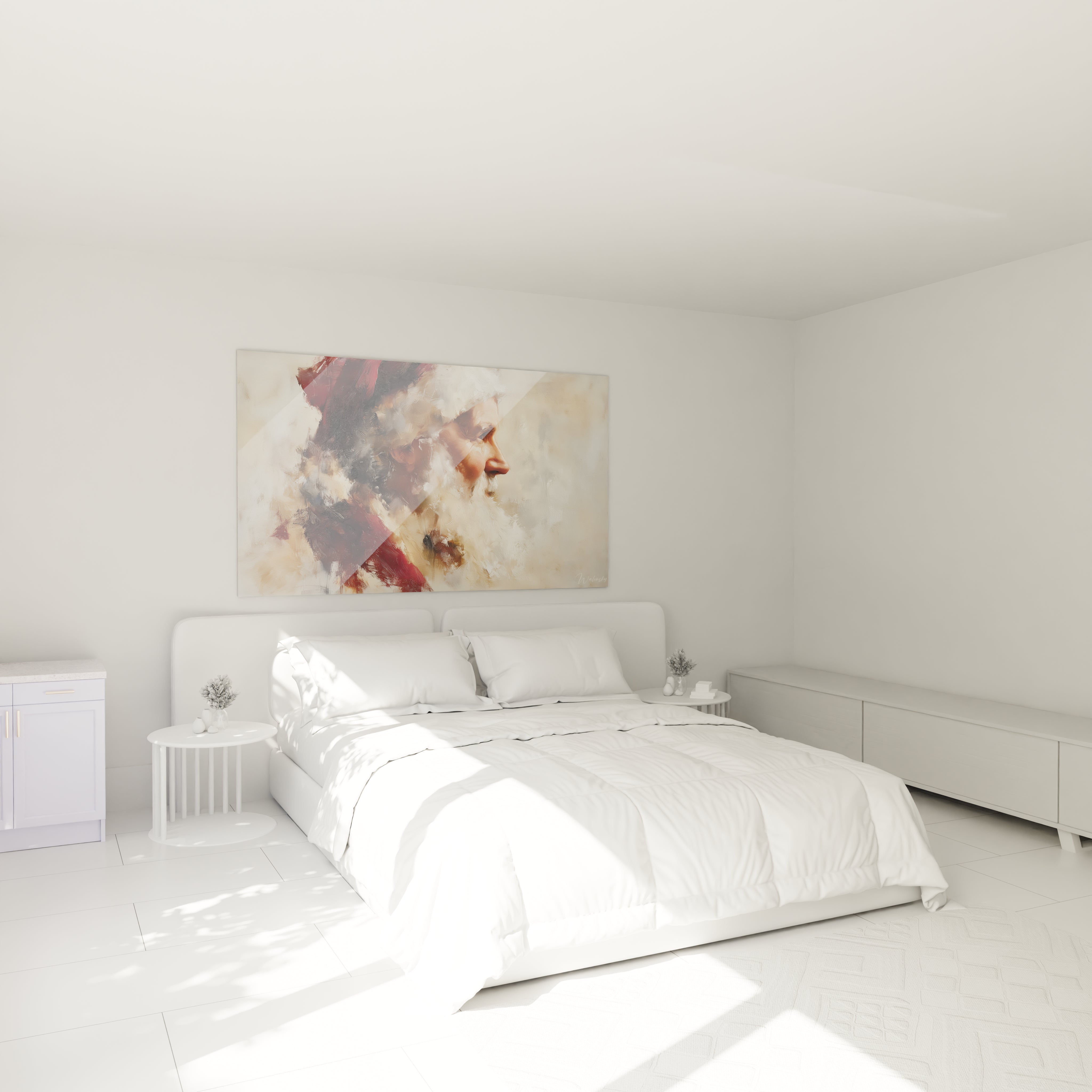 Tableau mural Père Noël édition limitée accroché au-dessus d'un lit dans une chambre moderne