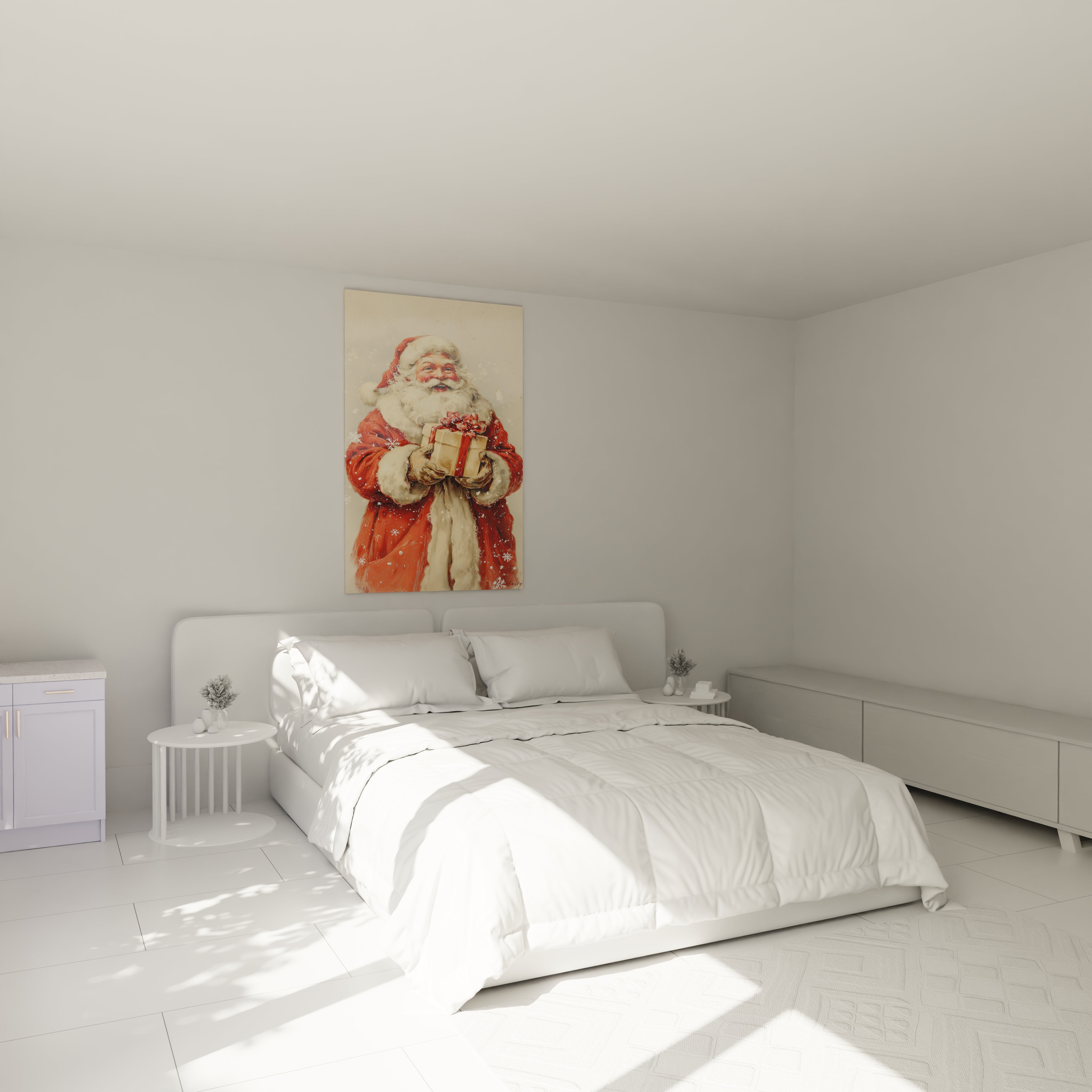 Tableau Père Noël édition limitée sur un mur au-dessus d'un lit moderne dans une chambre lumineuse