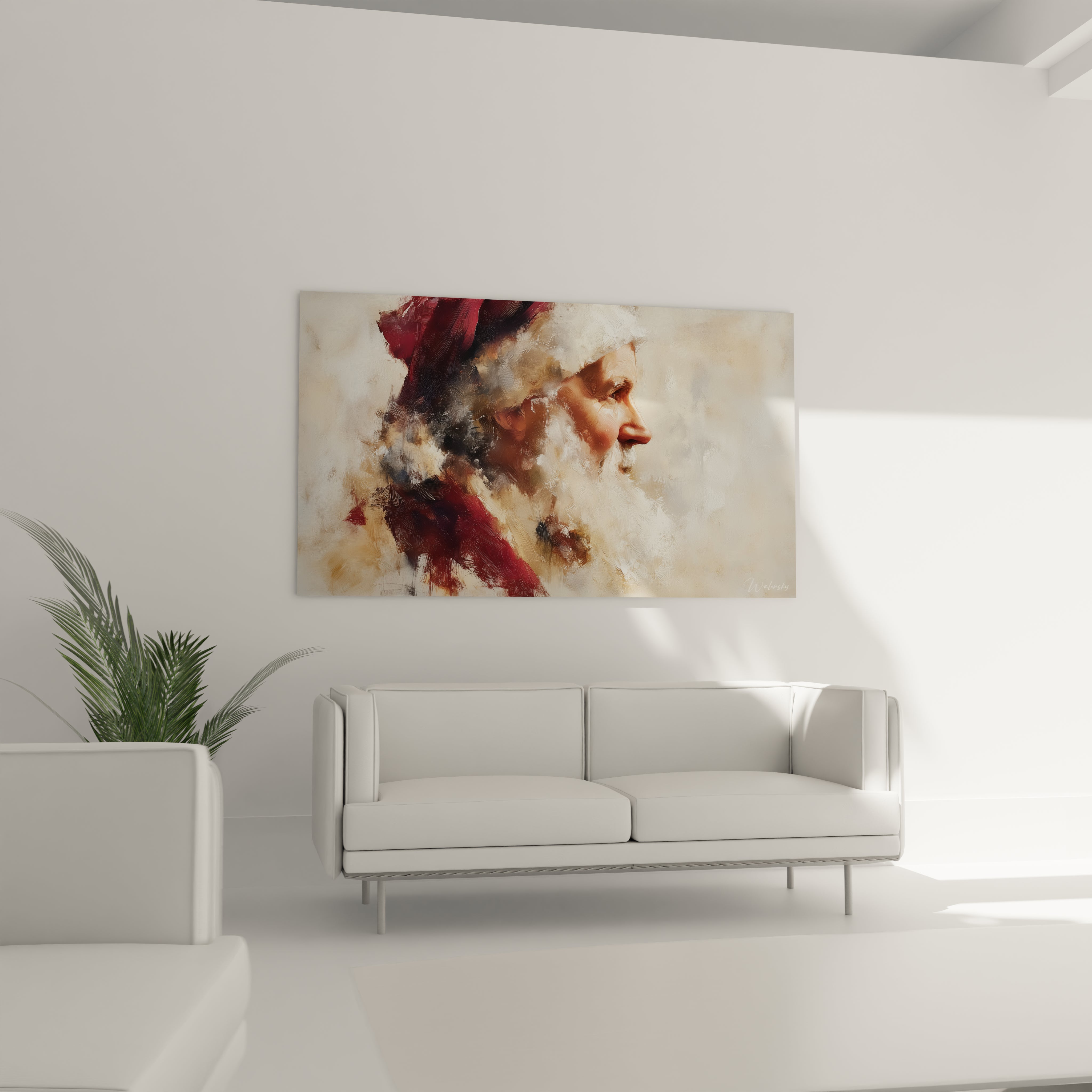 Tableau Père Noël édition limitée sur un mur moderne, apportant une touche festive à la décoration intérieure