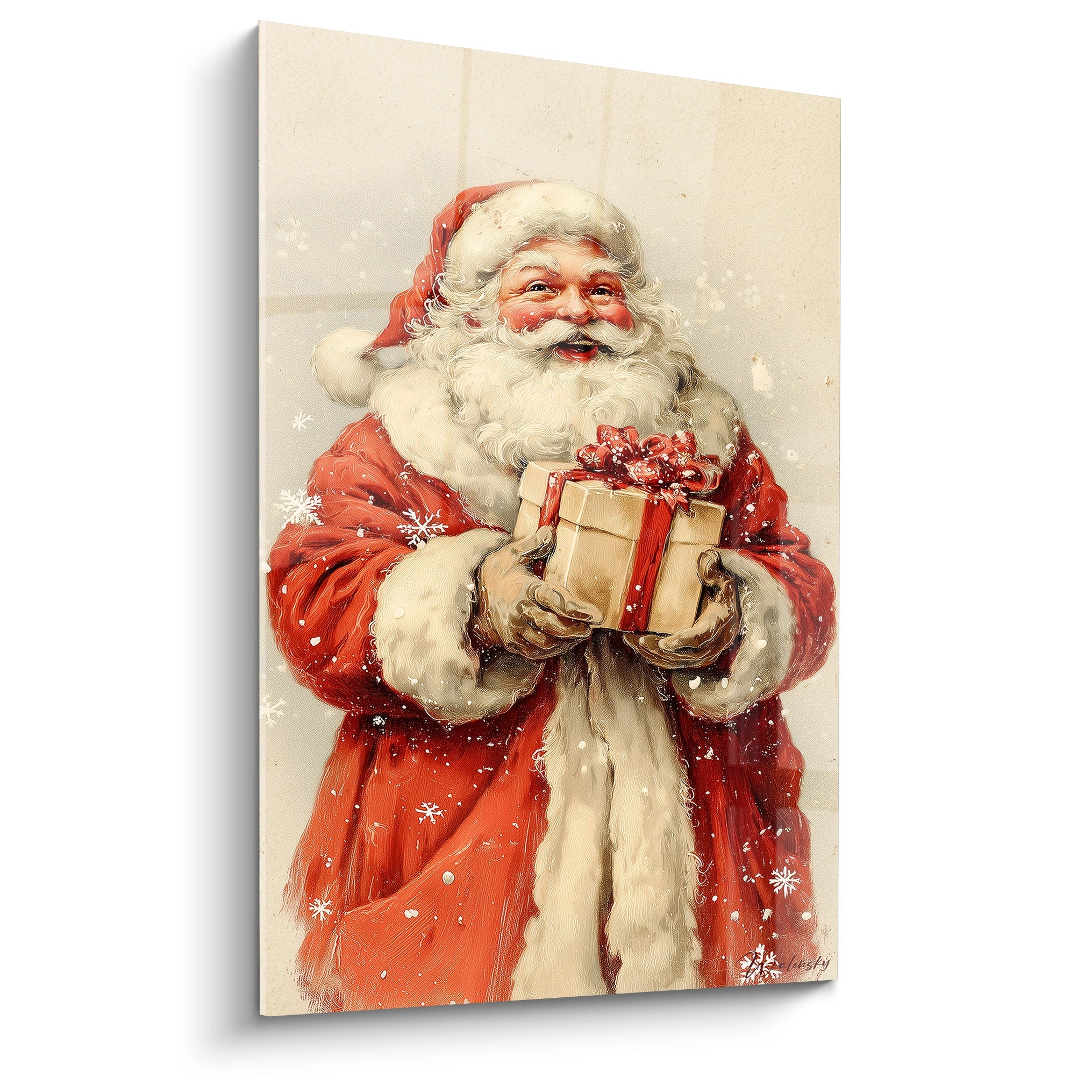 Tableau Père Noël édition limitée avec un bonhomme de neige apportant des cadeaux dans un décor festif