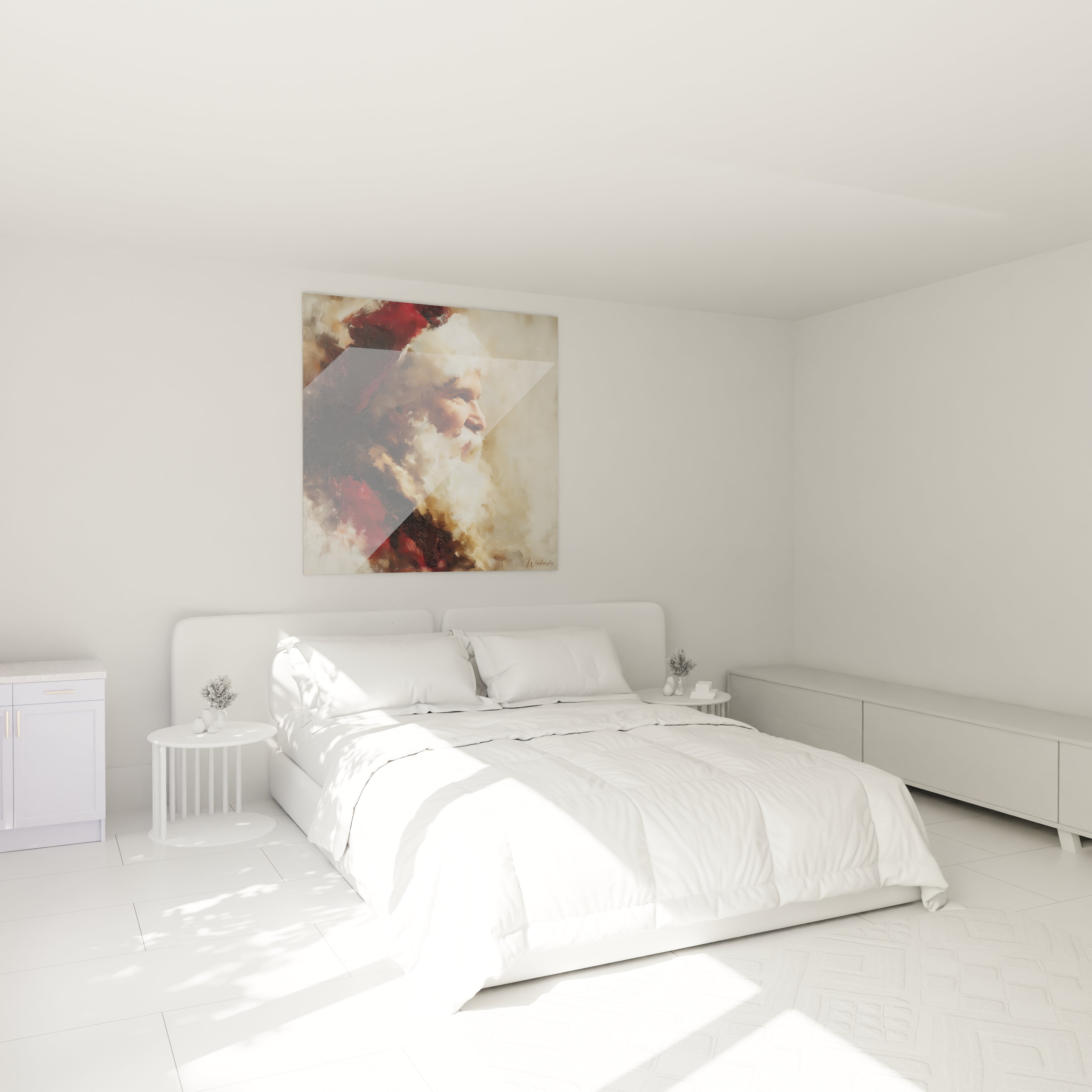Tableau Père Noël édition Noël accroché au mur d'une chambre décorée de manière moderne et lumineuse