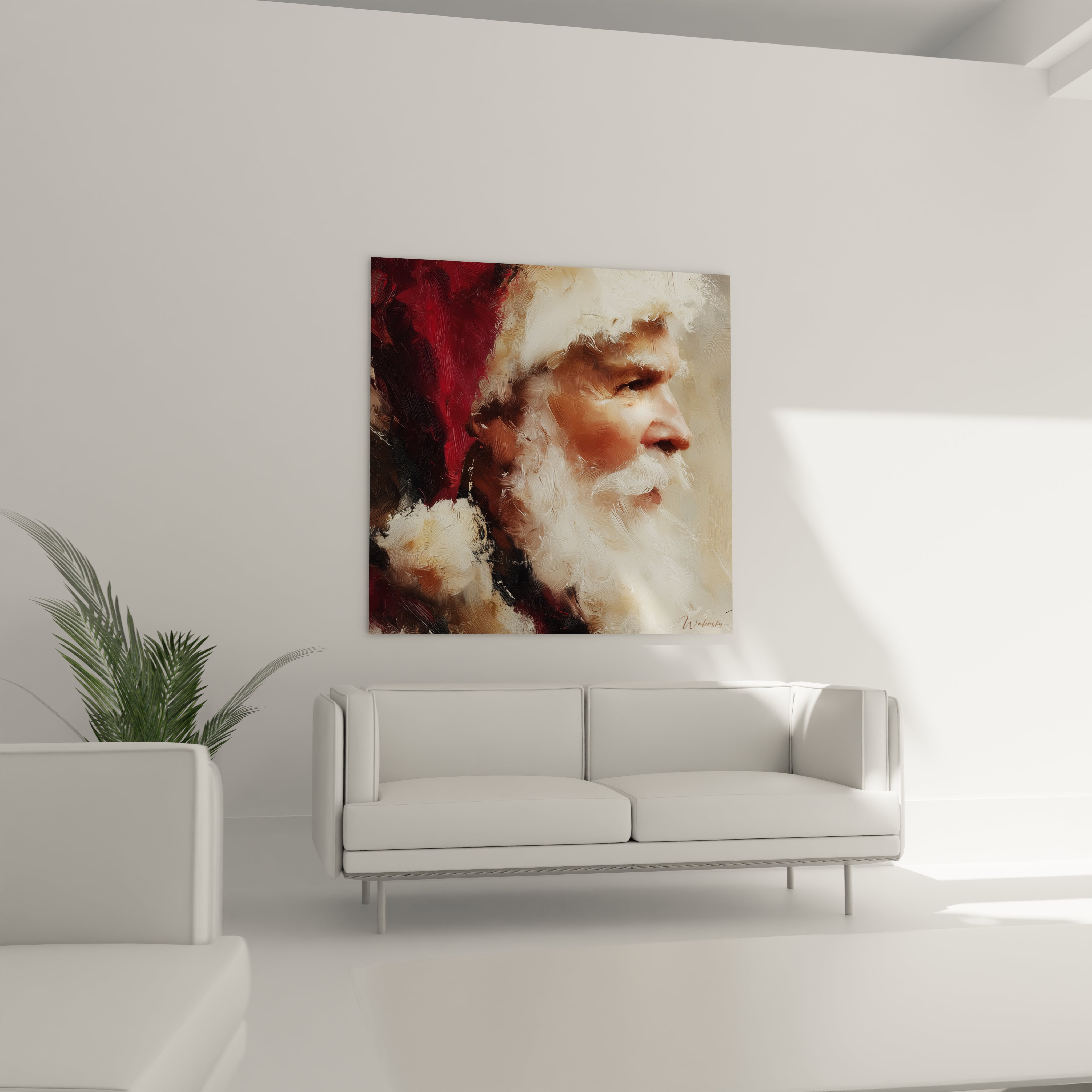 Tableau Père Noël édition Noël accroché au mur au-dessus d'un canapé élégant dans un intérieur moderne