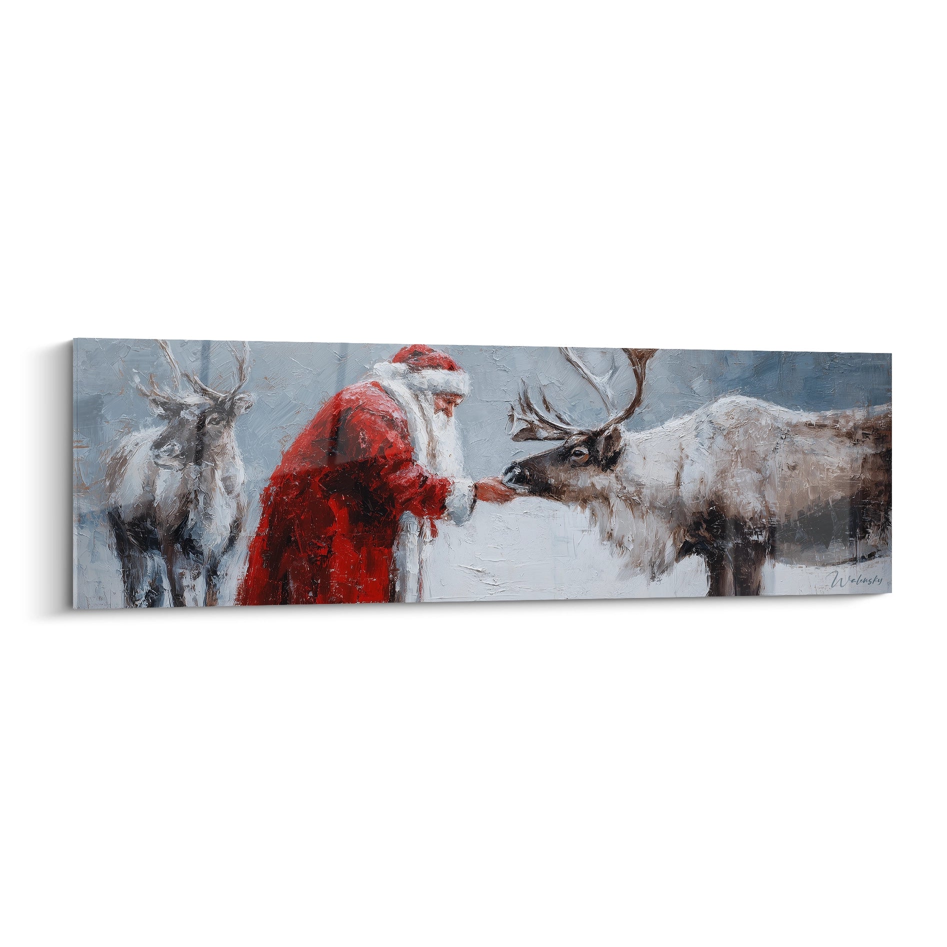 Tableau Père Noël édition Noël avec le Père Noël nourrissant un renne dans un paysage hivernal