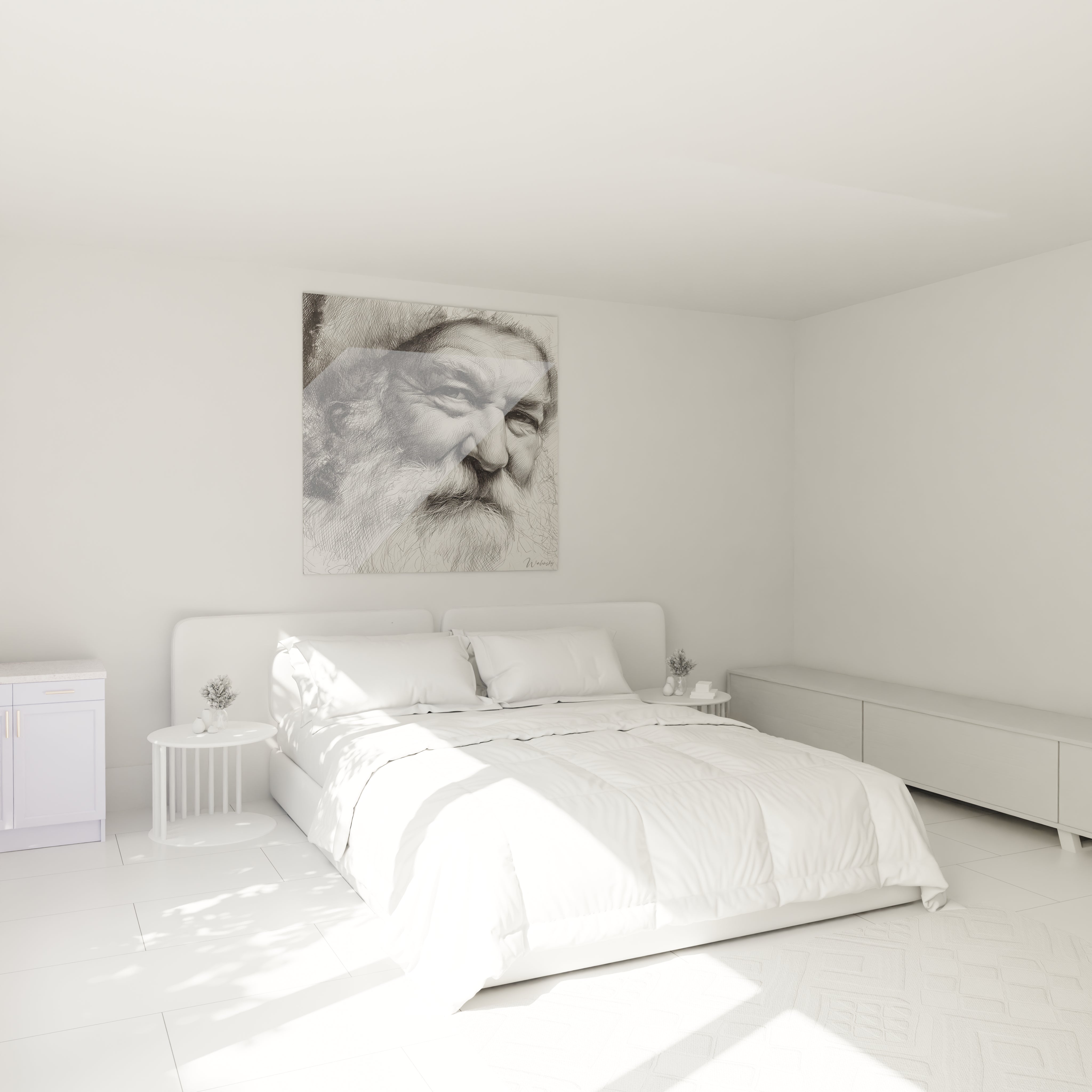 Tableau Père Noël édition Noël accroché au mur dans une chambre minimaliste et lumineuse