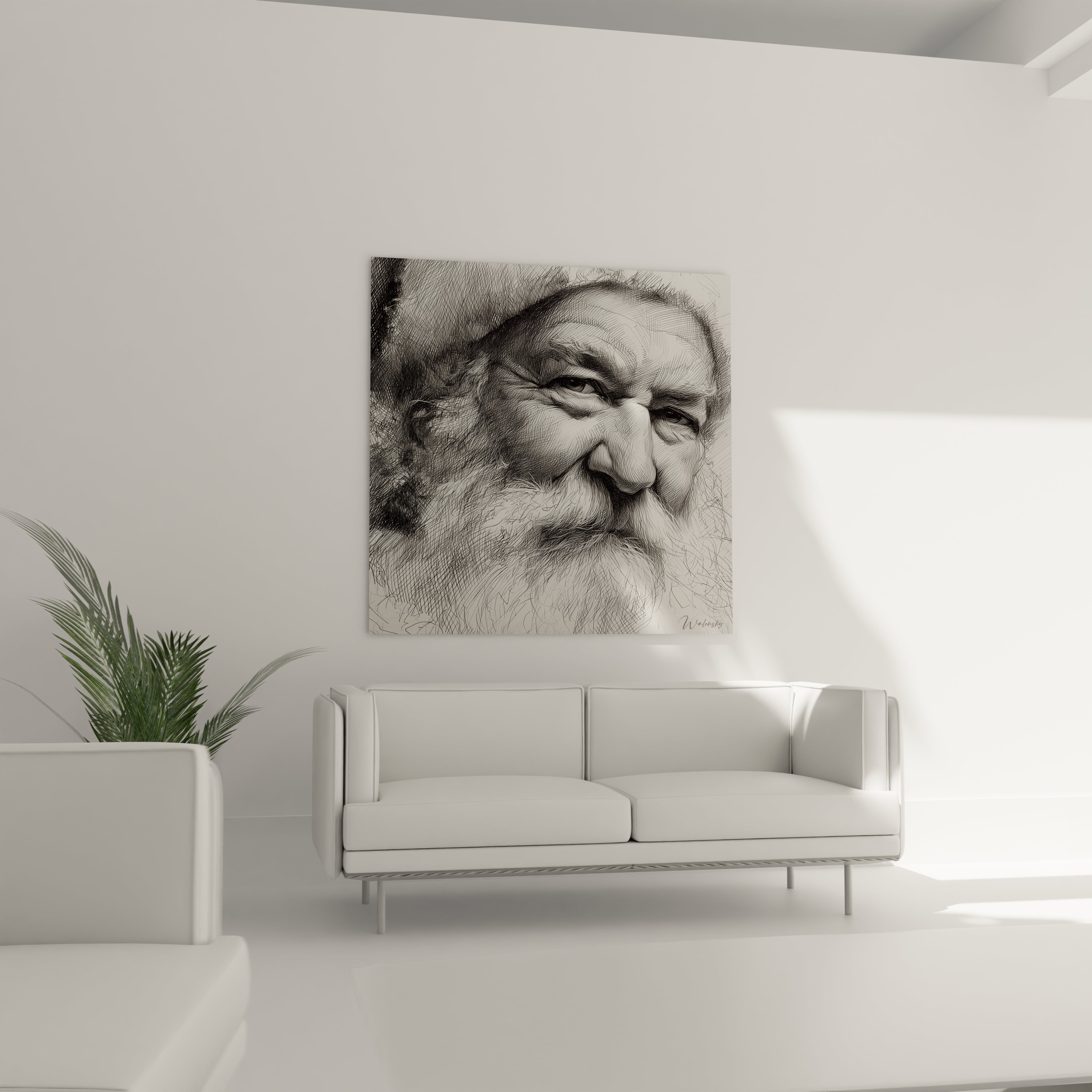 Tableau Père Noël édition Noël accroché au mur d'un salon moderne avec canapé blanc