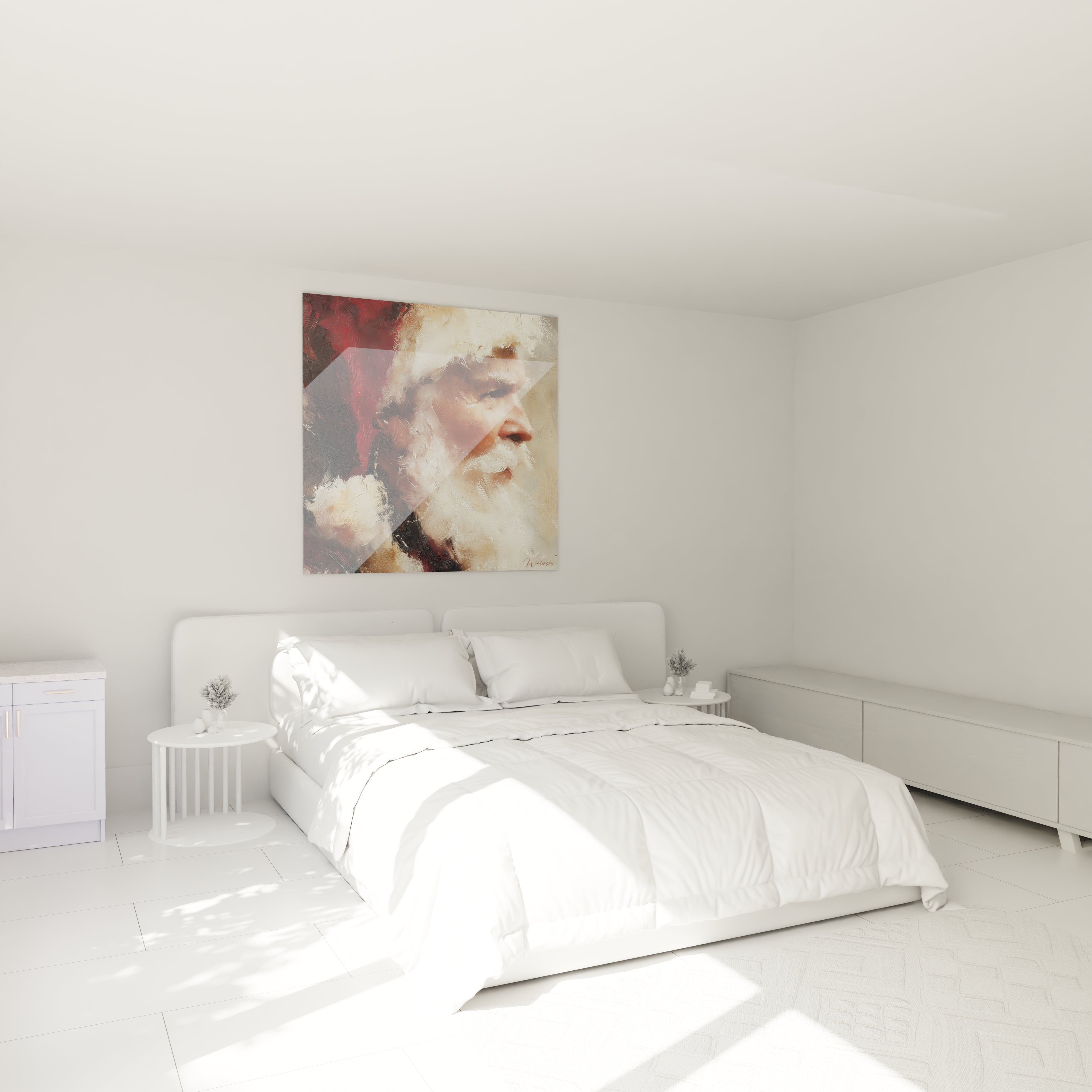 Tableau Père Noël édition Noël accroché au mur dans une chambre lumineuse et moderne