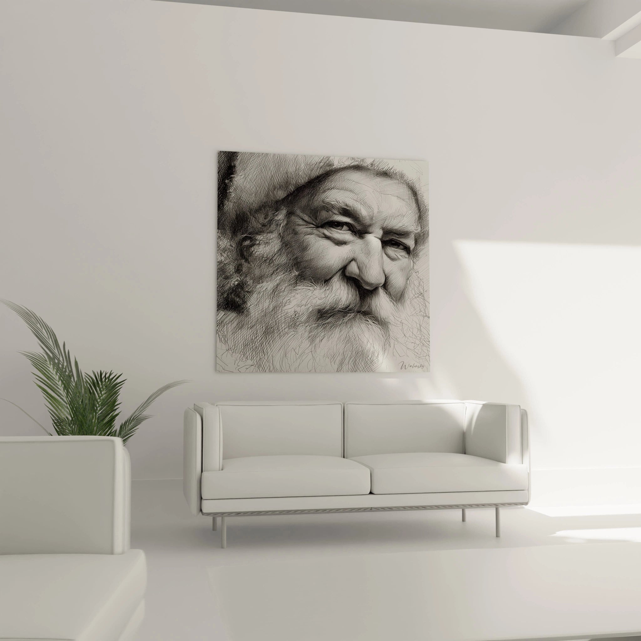 Tableau Père Noël édition Noël accroché au mur d'un salon moderne avec canapé blanc