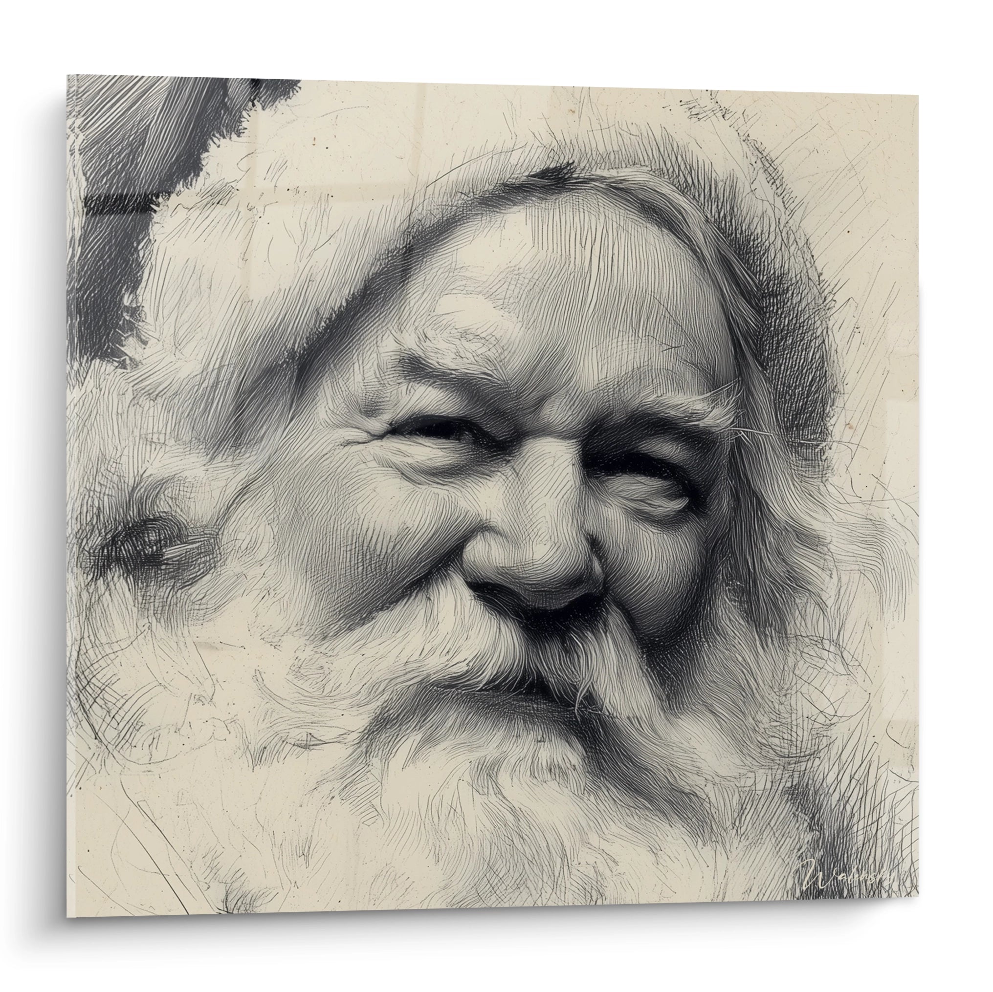 Tableau mural représentant un Père Noël souriant avec une belle barbe blanche et une expression joyeuse