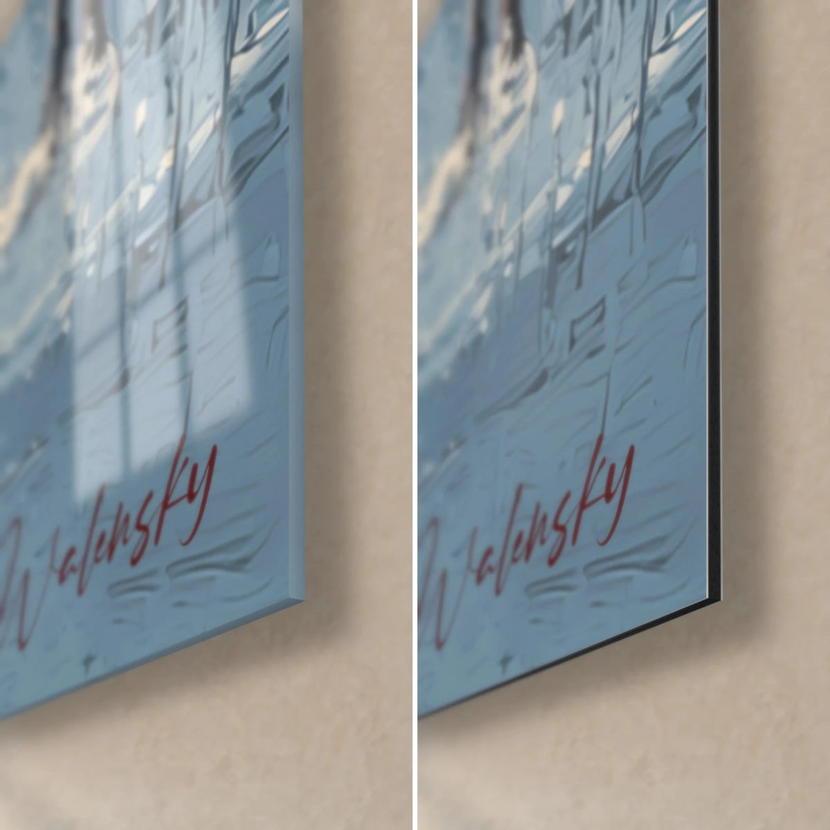 Wall art Santa Claus in the snow, red Walensky signature bottom right, glossy glass on the left, matte Dibond on the right