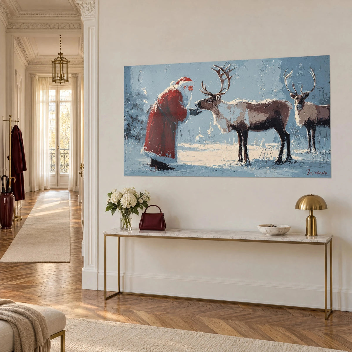 Wall art old bearded man in a red hat stroking a reindeer's muzzle, icy blue background and cream snowflakes, three-quarter view