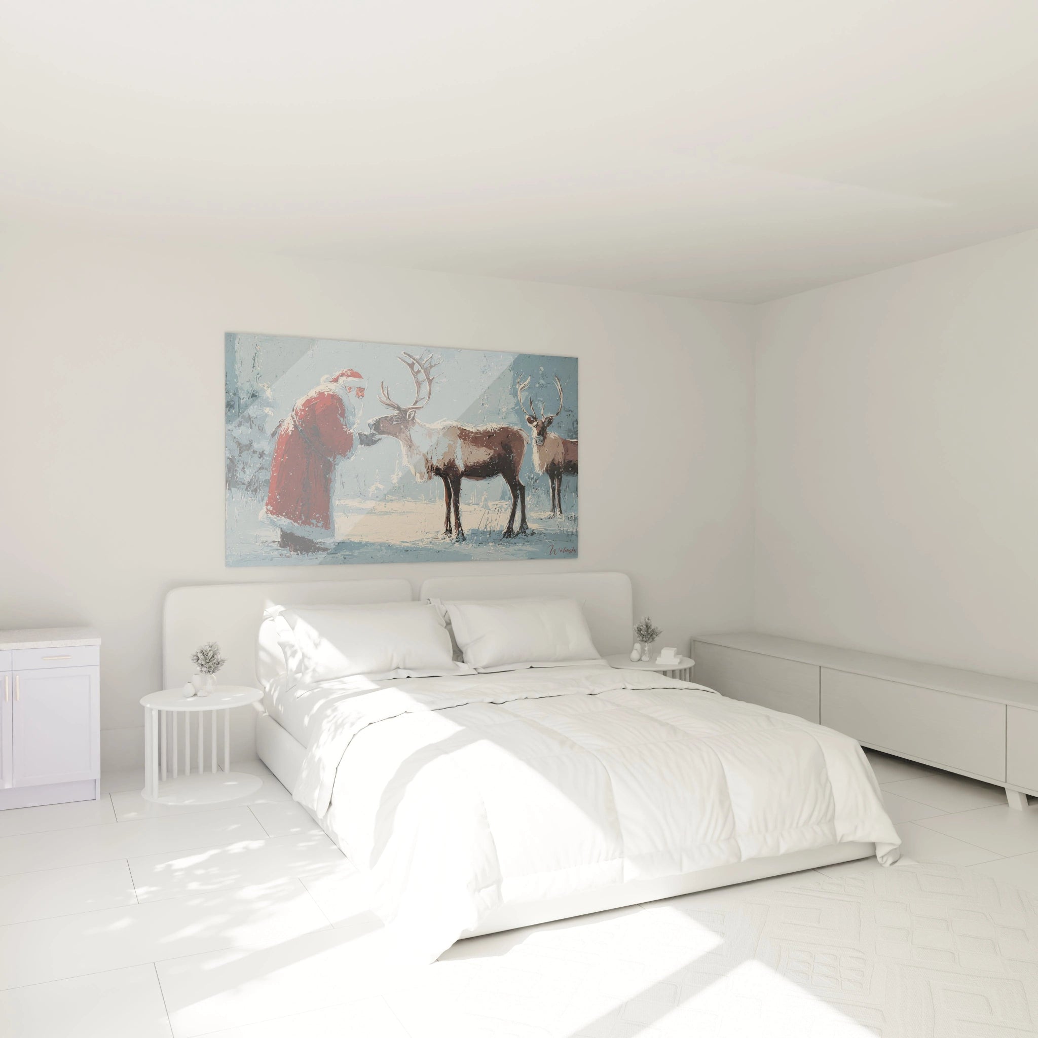 Tableau mural Noël Père Noël avec un père Noël accueillant des rennes dans une chambre moderne