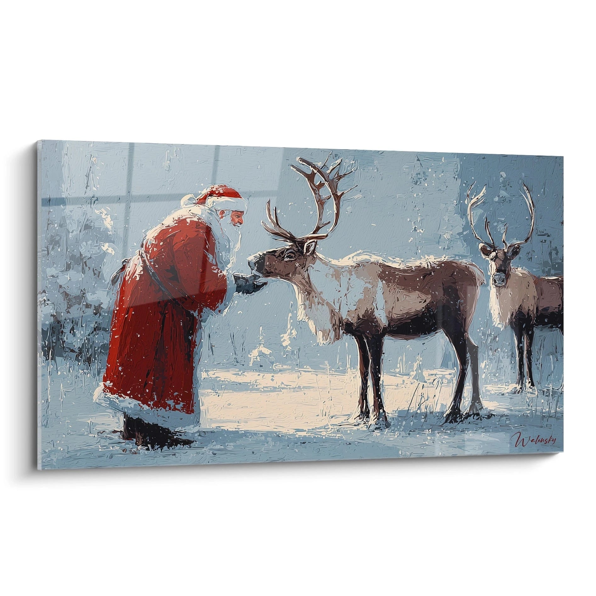Tableau mural Noël Père Noël avec rennes dans un paysage d'hiver féerique