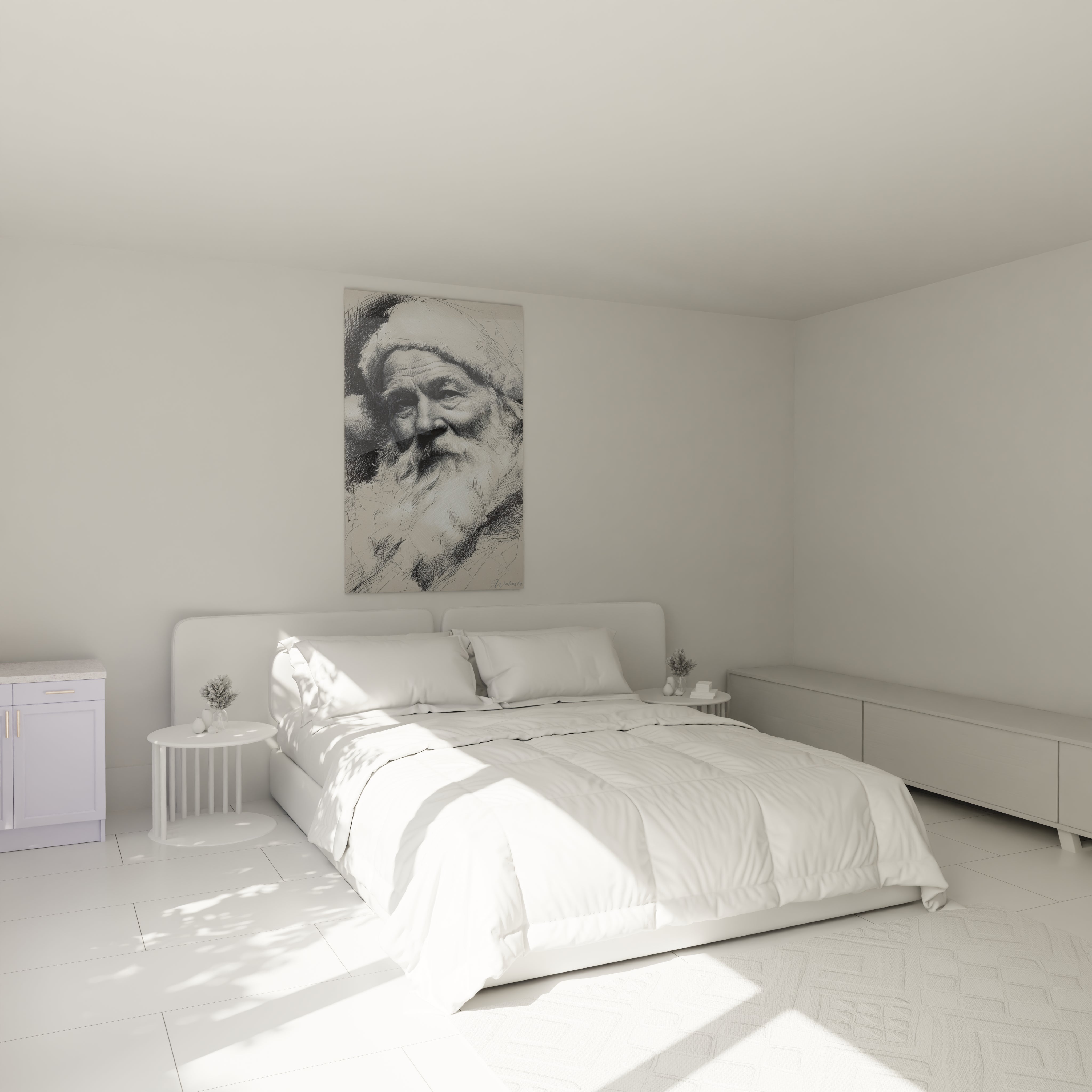 Tableau Père Noël haut de gamme décoratif accroché au mur d'une chambre minimaliste