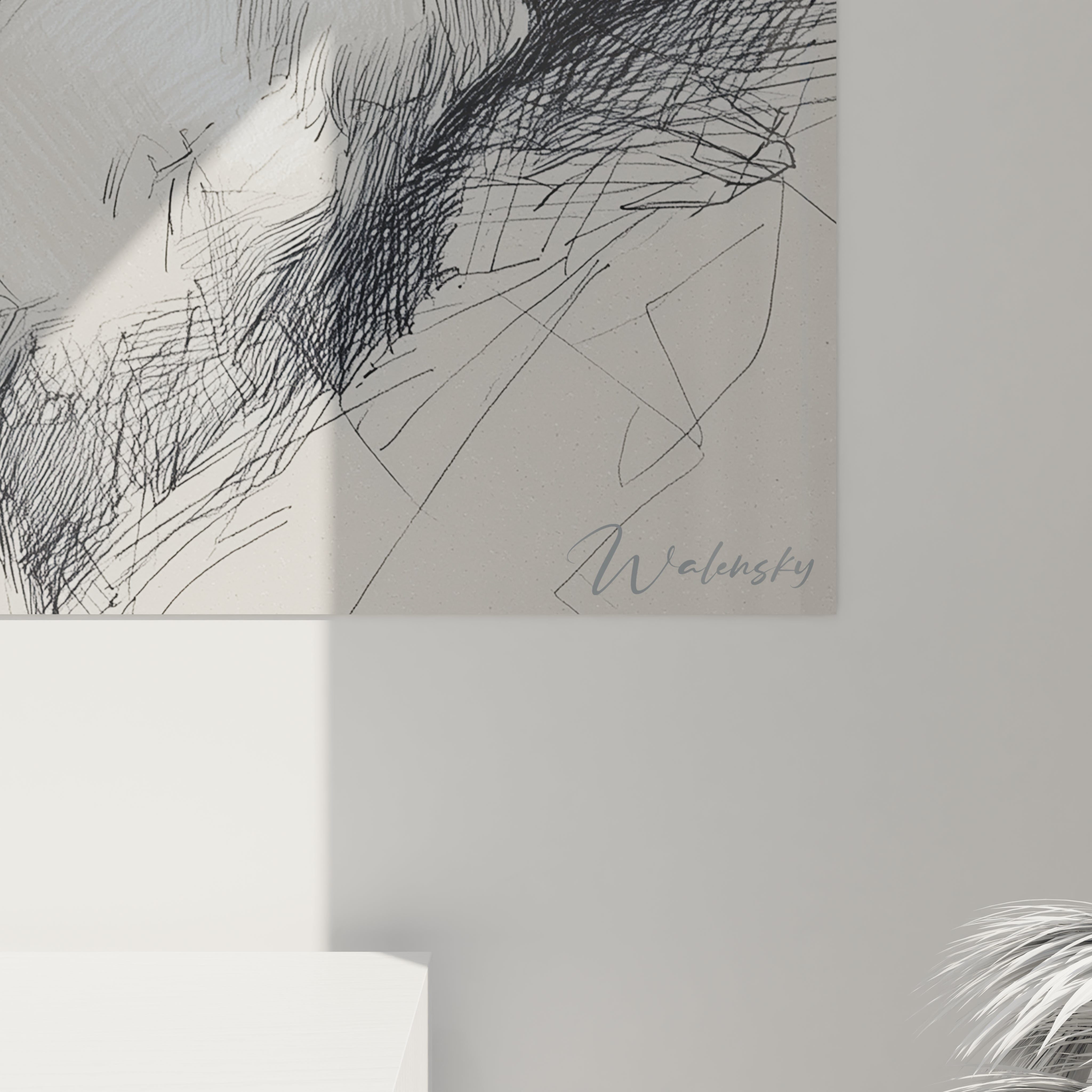 Tableau Père Noël haut de gamme en noir et blanc avec des lignes artistiques modernes de Walensky
