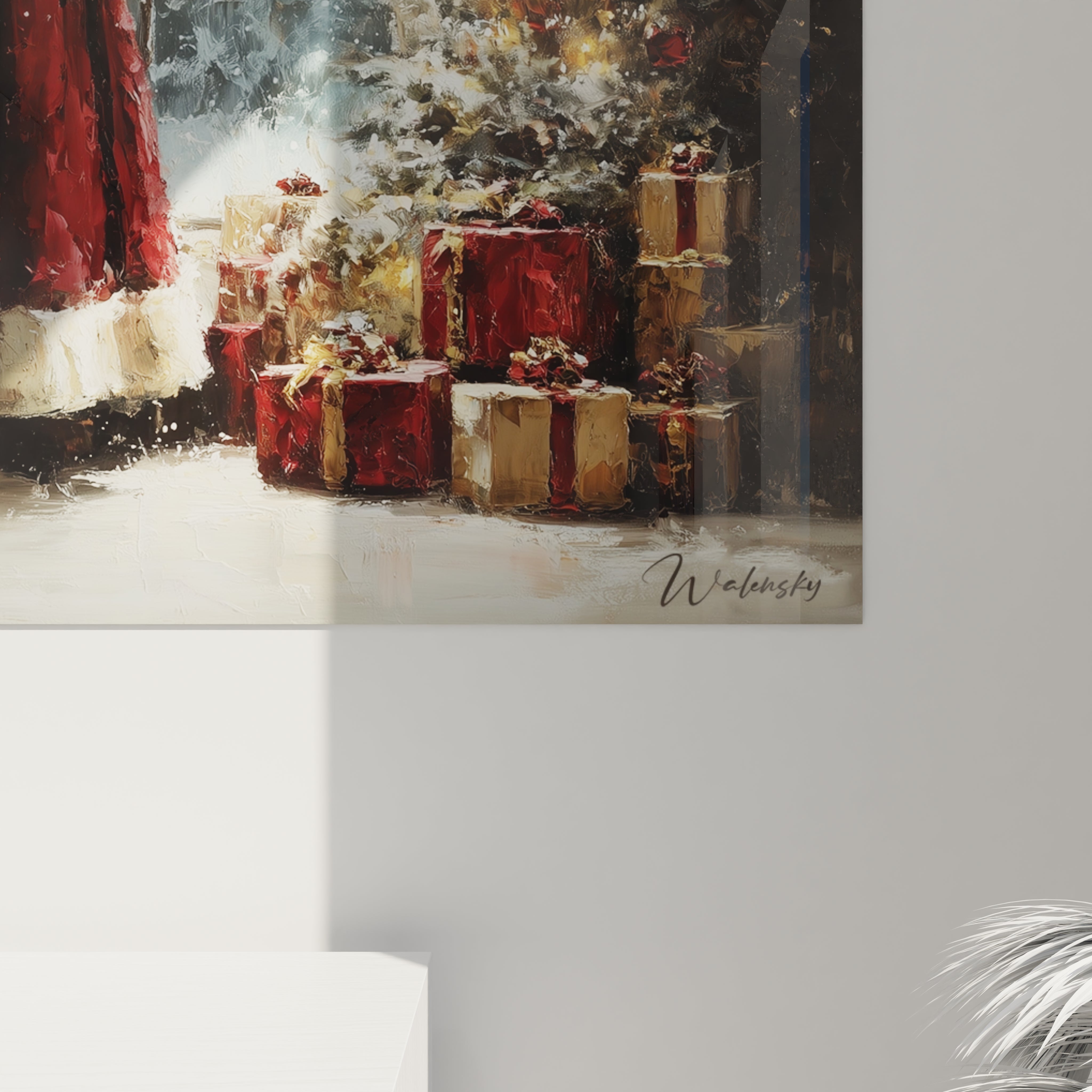 Tableau Père Noël haut de gamme avec un décor festif et des cadeaux sous un sapin illuminé