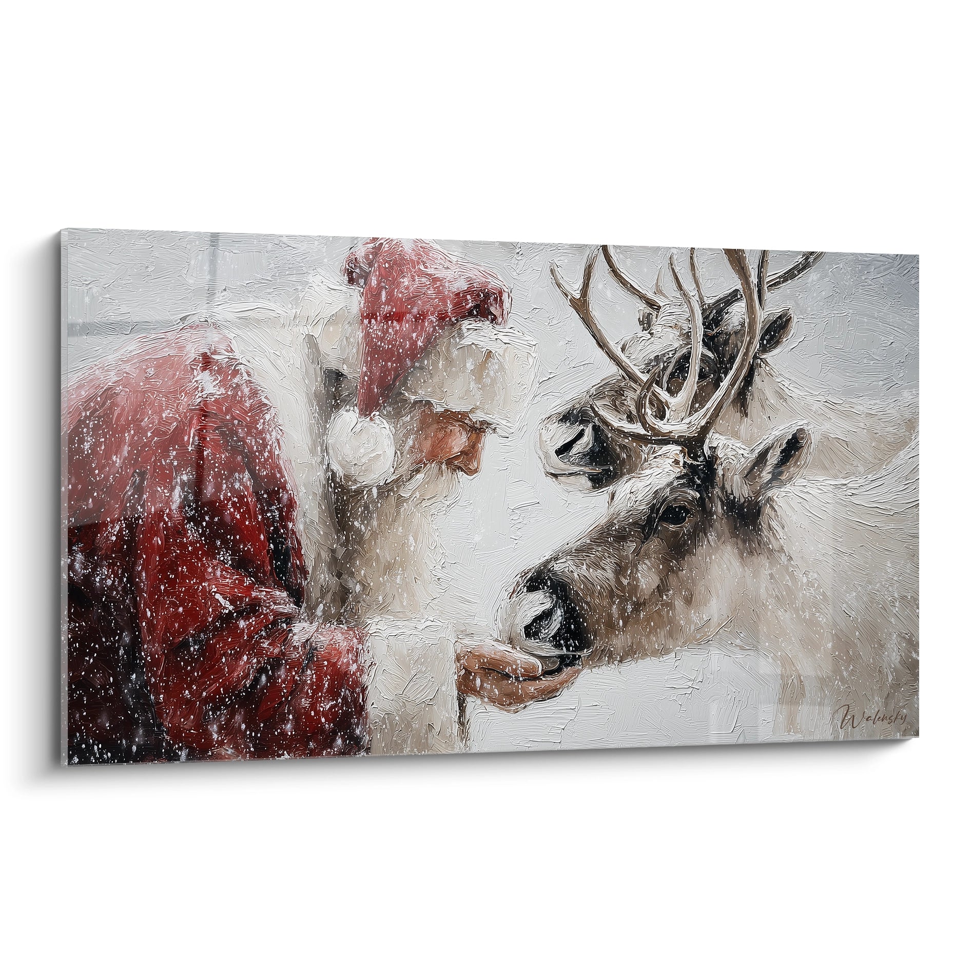 Tableau Père Noël haut de gamme avec un Père Noël nourrissant des rennes sous la neige