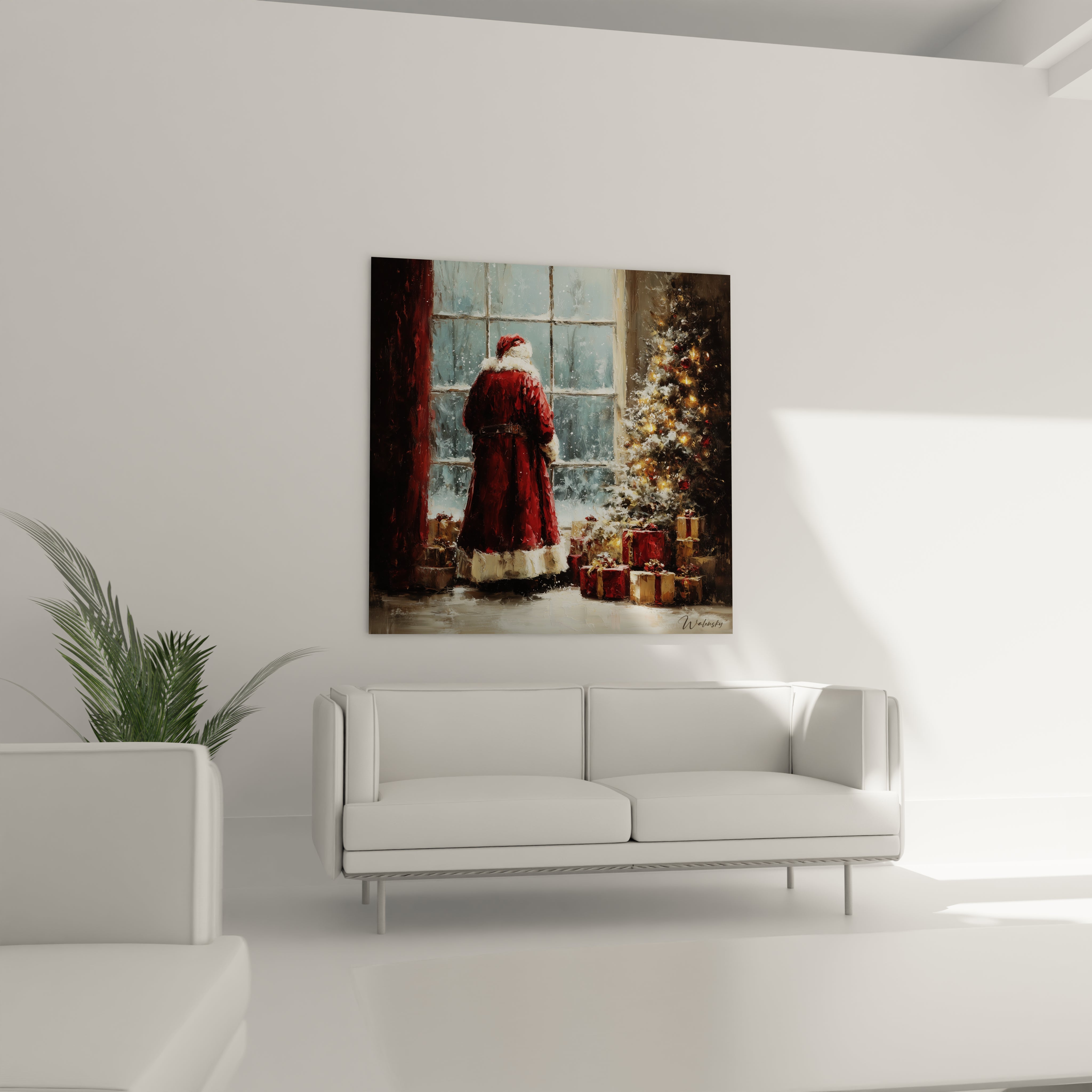 Tableau Père Noël haut de gamme représentant le Père Noël devant une fenêtre décorée de cadeaux et d'un sapin