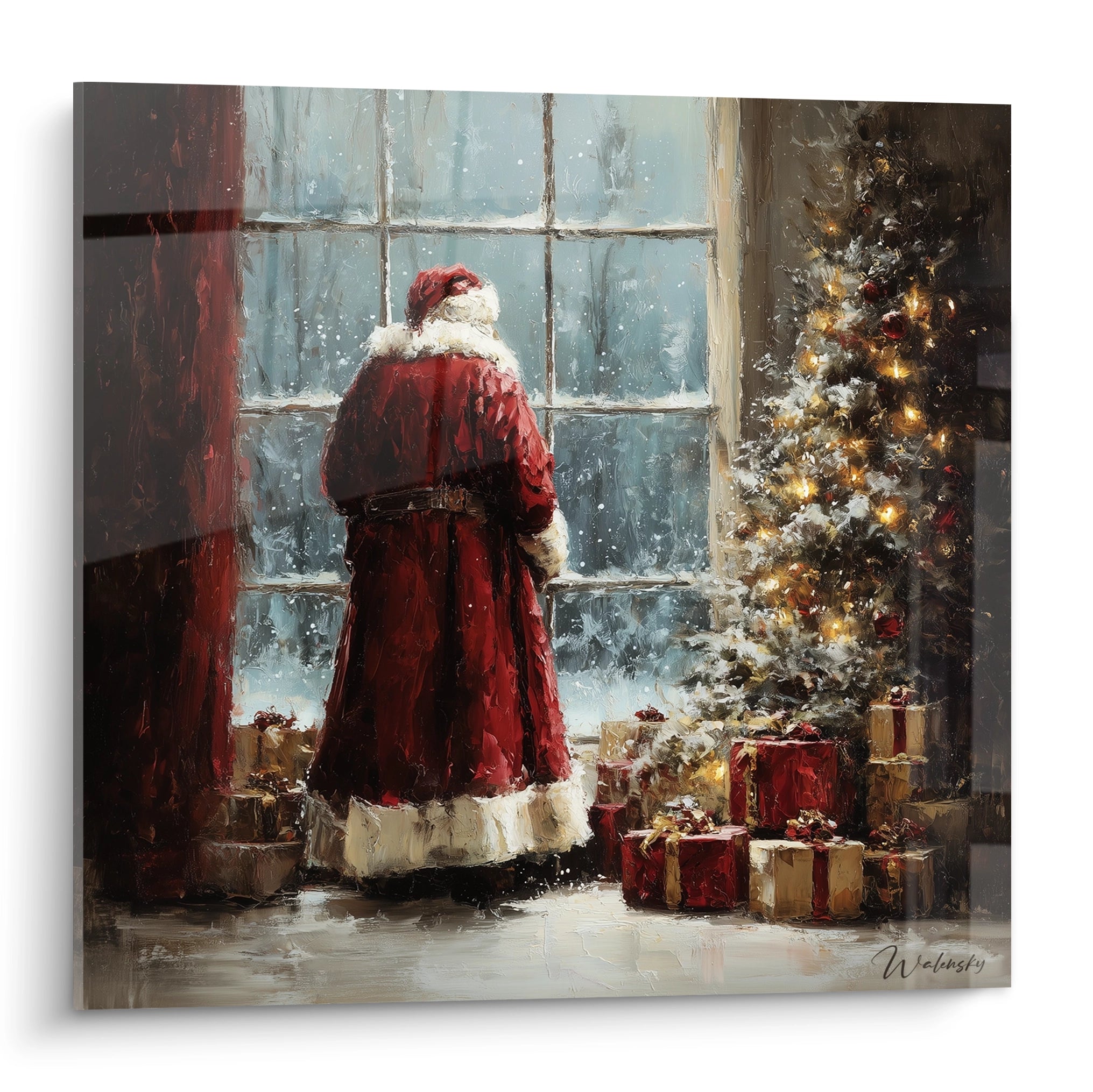 Tableau Père Noël haut de gamme avec un Noël festif et des cadeaux sous un arbre illuminé