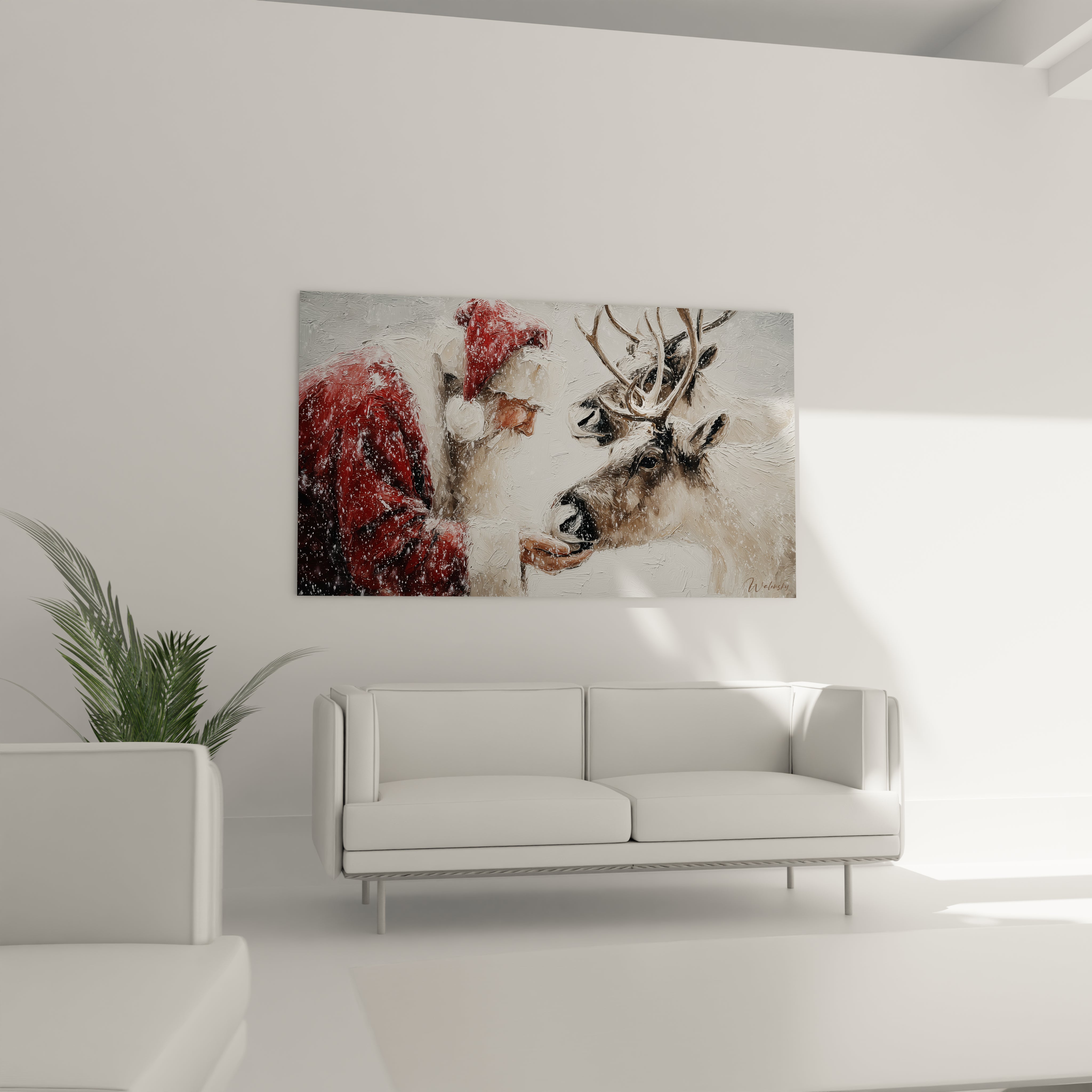 Tableau Père Noël haut de gamme avec un renne dans un décor hivernal chic et moderne