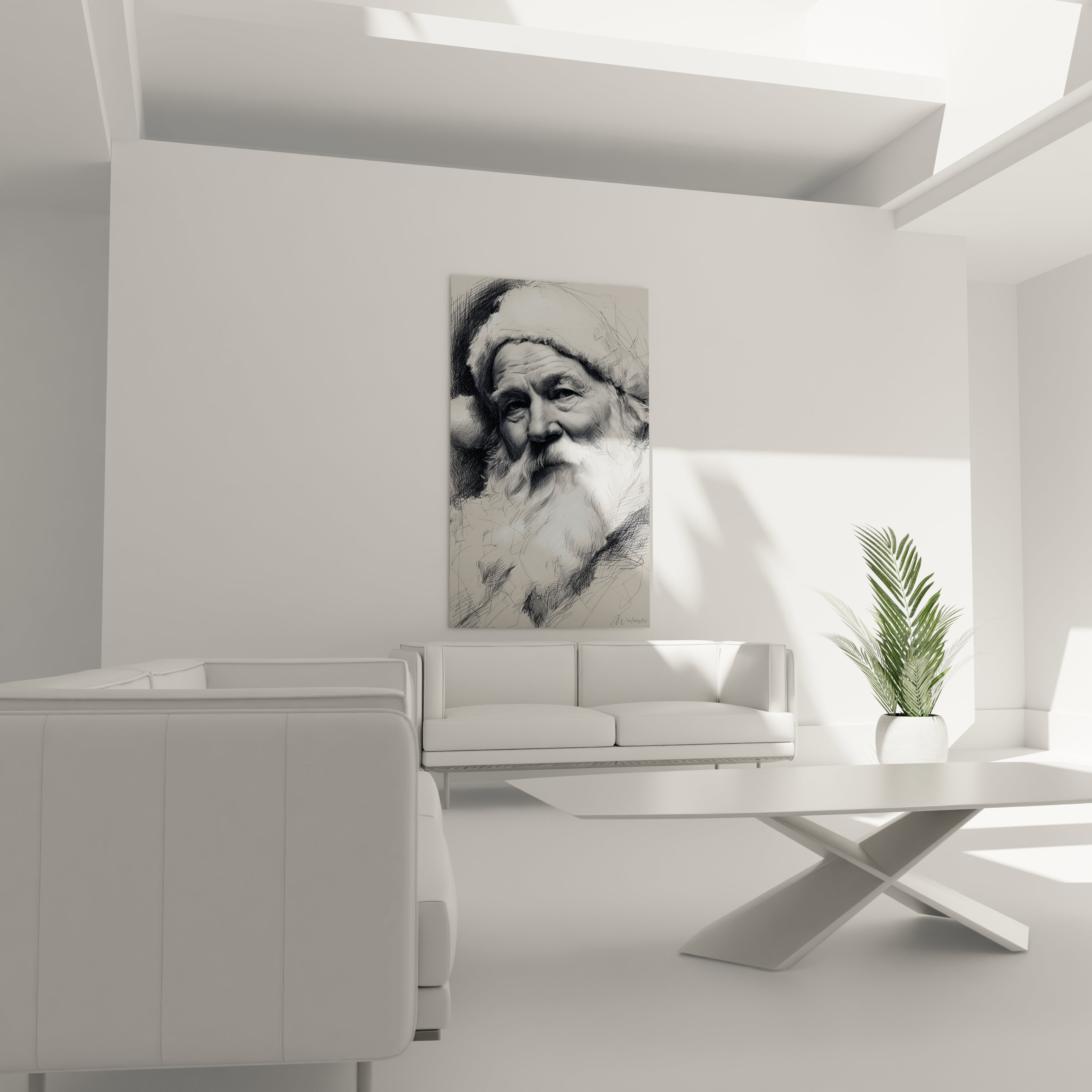 Tableau Père Noël haut de gamme en noir et blanc, décorant un salon moderne et épuré
