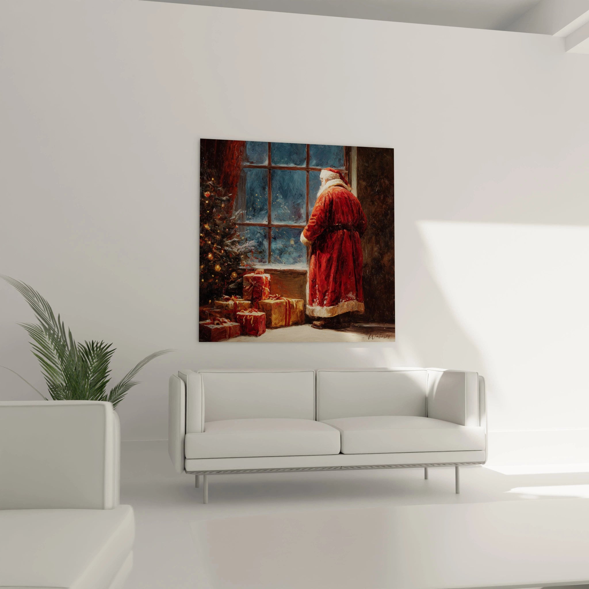 Tableau Père Noël décoration Noël avec un Père Noël regardant par la fenêtre et des cadeaux colorés