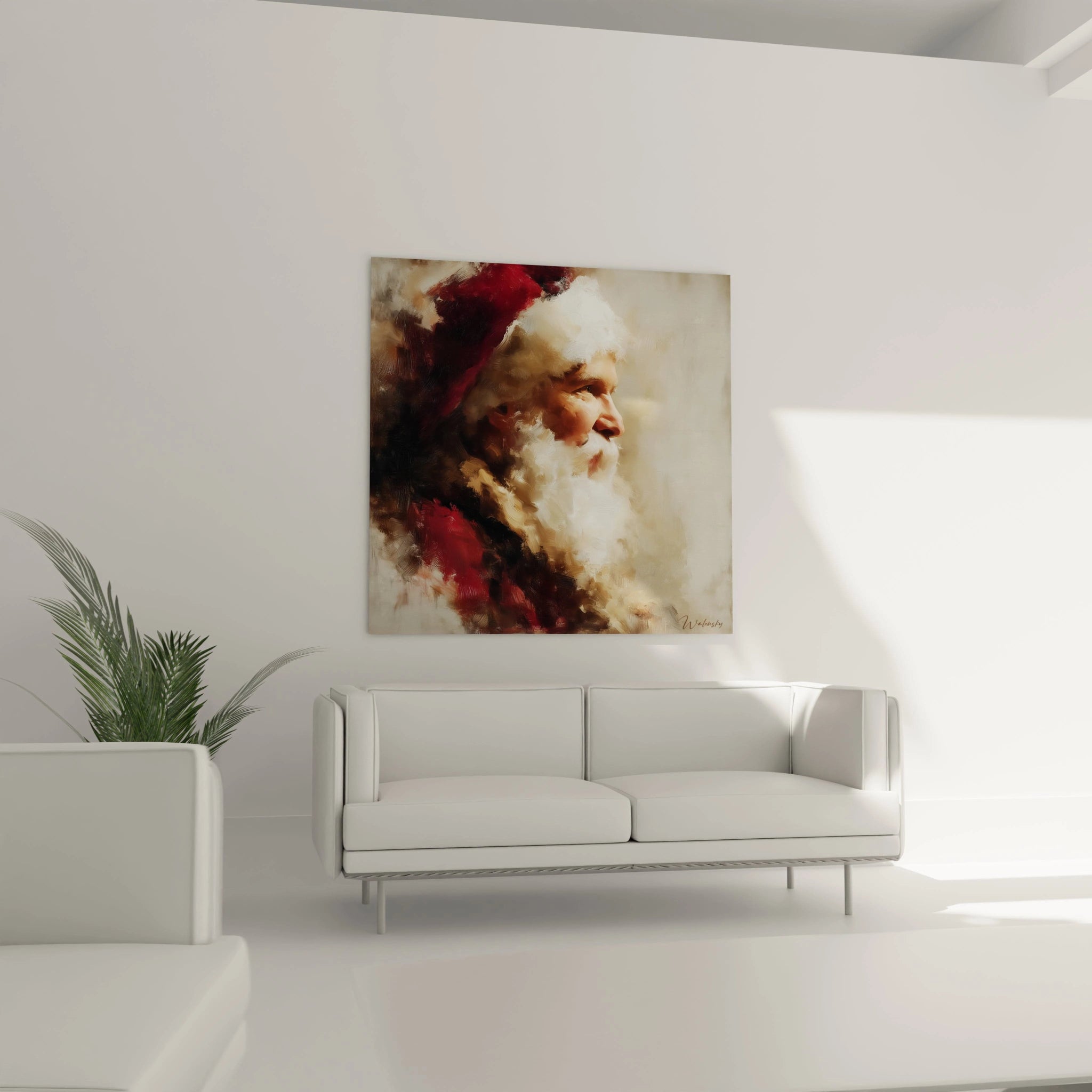 Tableau mural Père Noël édition Noël accroché au mur dans un salon moderne