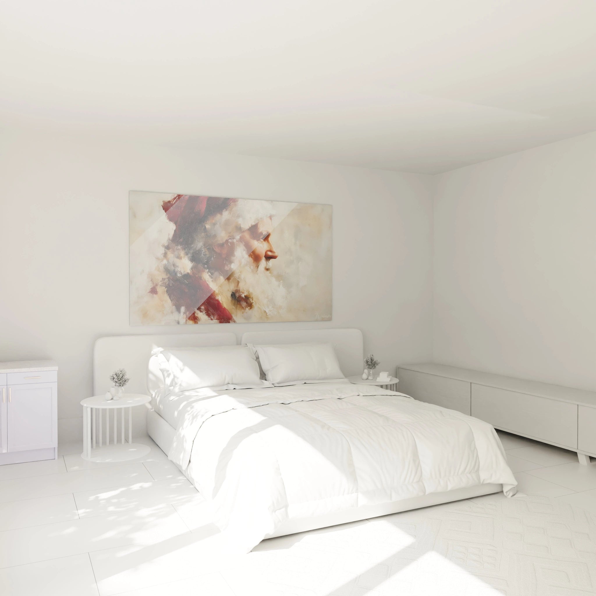 Tableau mural Père Noël édition limitée accroché au-dessus d'un lit dans une chambre moderne