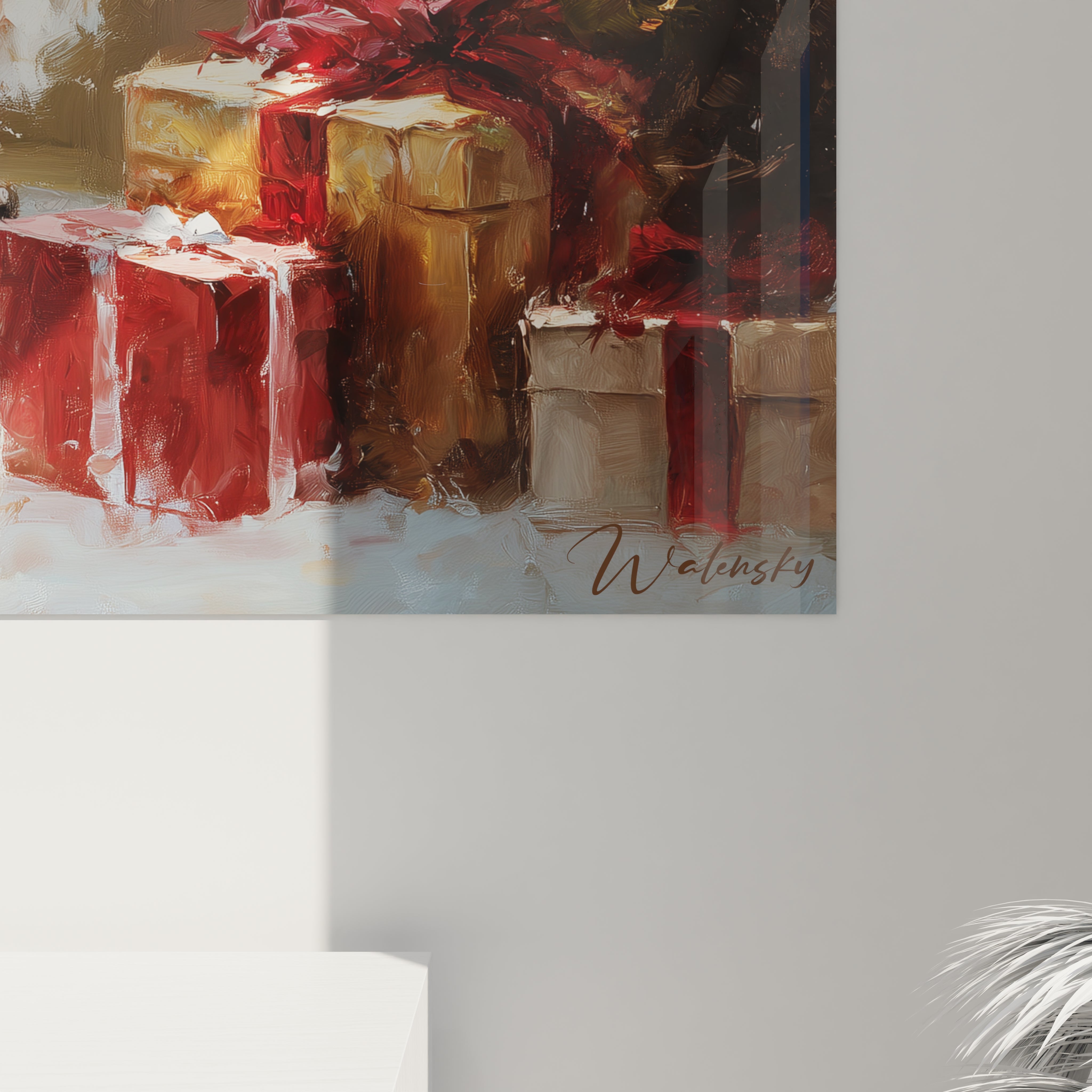 Tableau Père Noël mural avec des fleurs vibrantes et un fond texturé pour une décoration festive