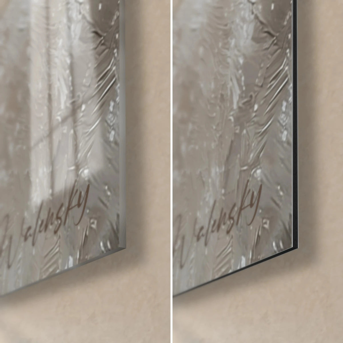 Quadro Babbo Natale in pittura spessa rossa e bianca, angolo in basso a destra: vetro acrilico lucido a sinistra, Dibond opaco a destra, bordo di 3 mm