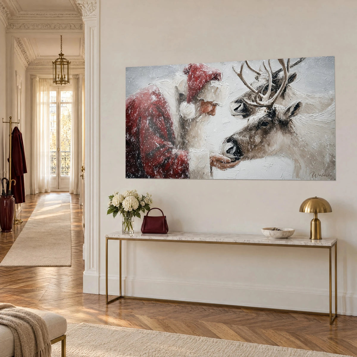 Quadro renna dalle corna sottili nutrita a mano da Babbo Natale, rosso intenso e bianco neve, olio in vista di tre quarti, corridoio in stile haussmanniano