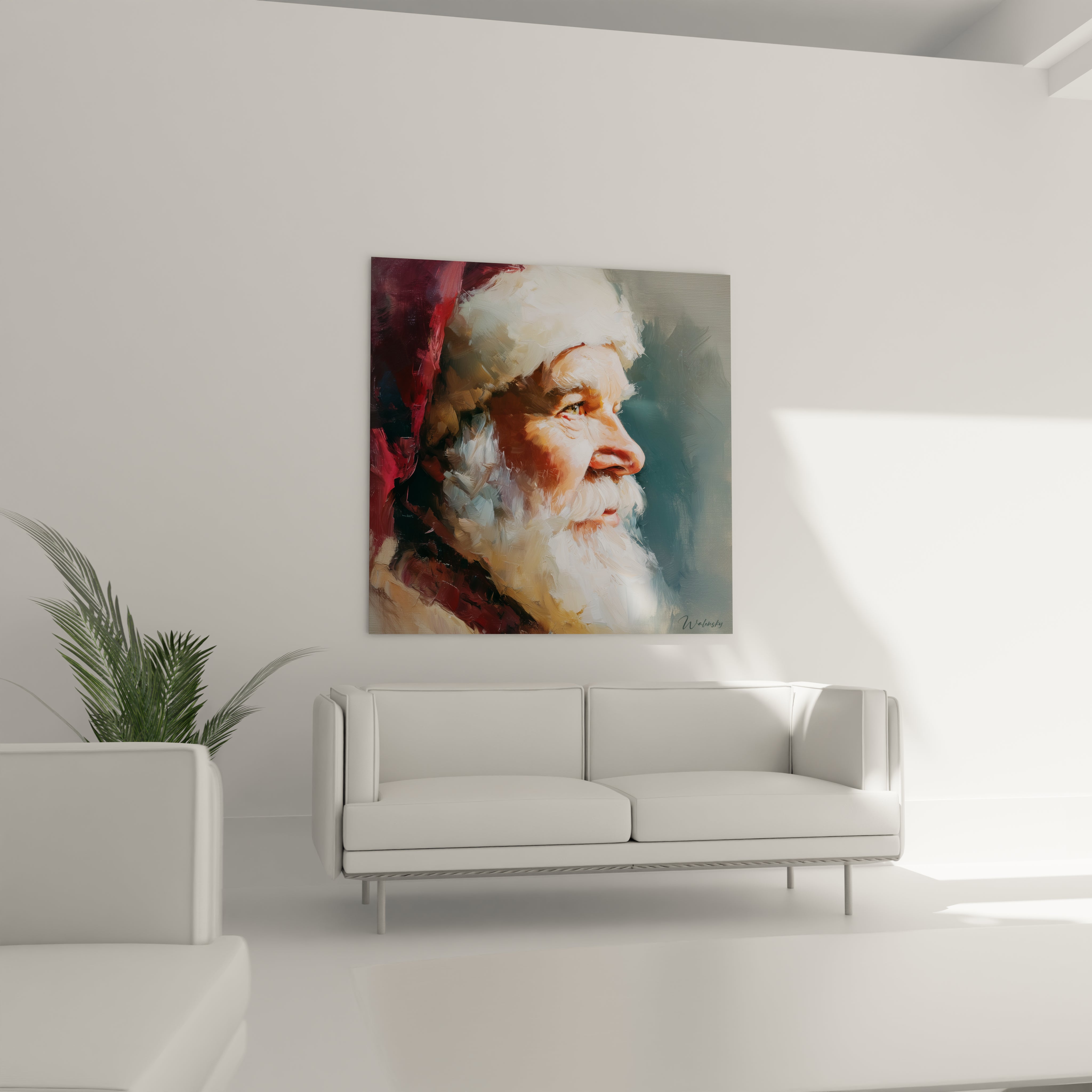 Tableau mural Père Noël Noël avec un portrait coloré et expressif du Père Noël sur un mur clair