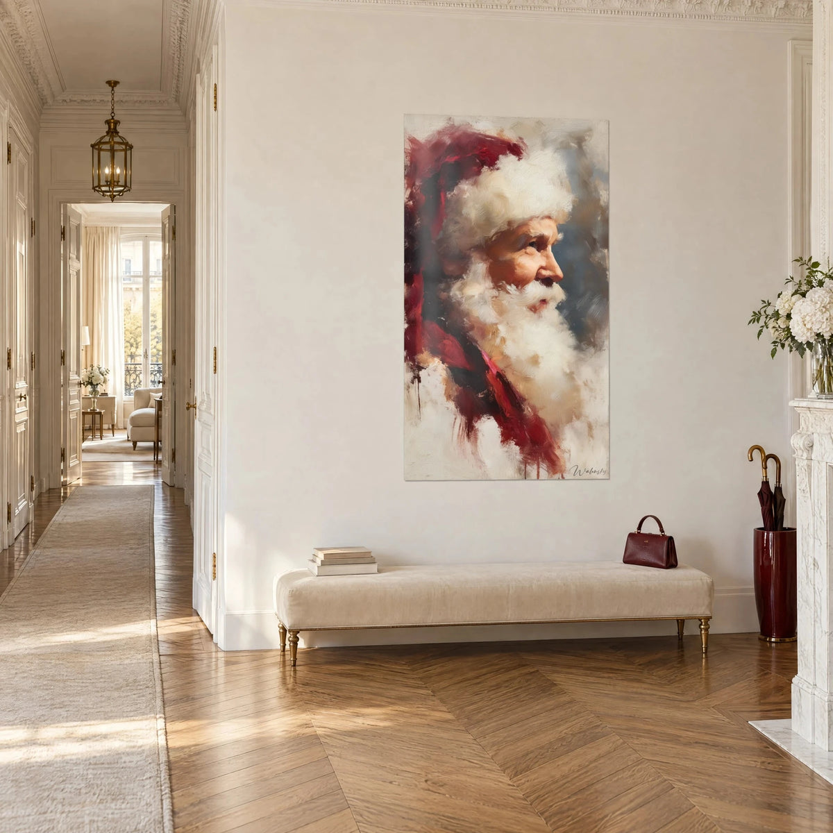 Wall art old man with long white beard and purple headwear, thick brushstrokes, cream bench, Haussmann-style corridor
