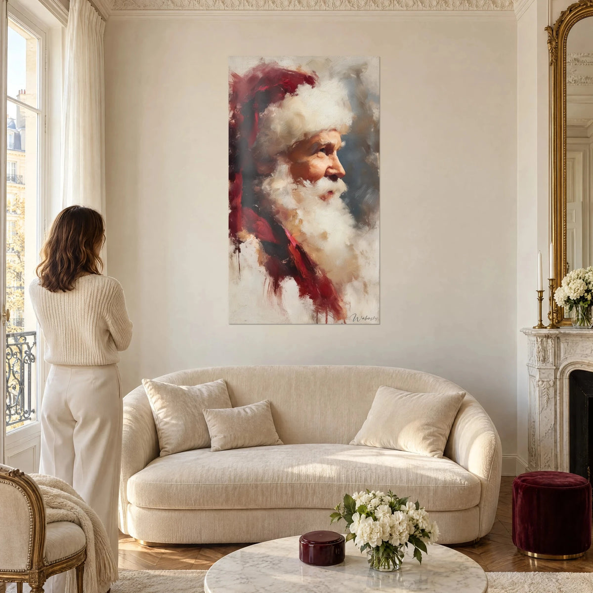 Wall art Santa Claus in profile, ivory beard and carmine red hat, blue-grey background, above a sofa in a bright living room