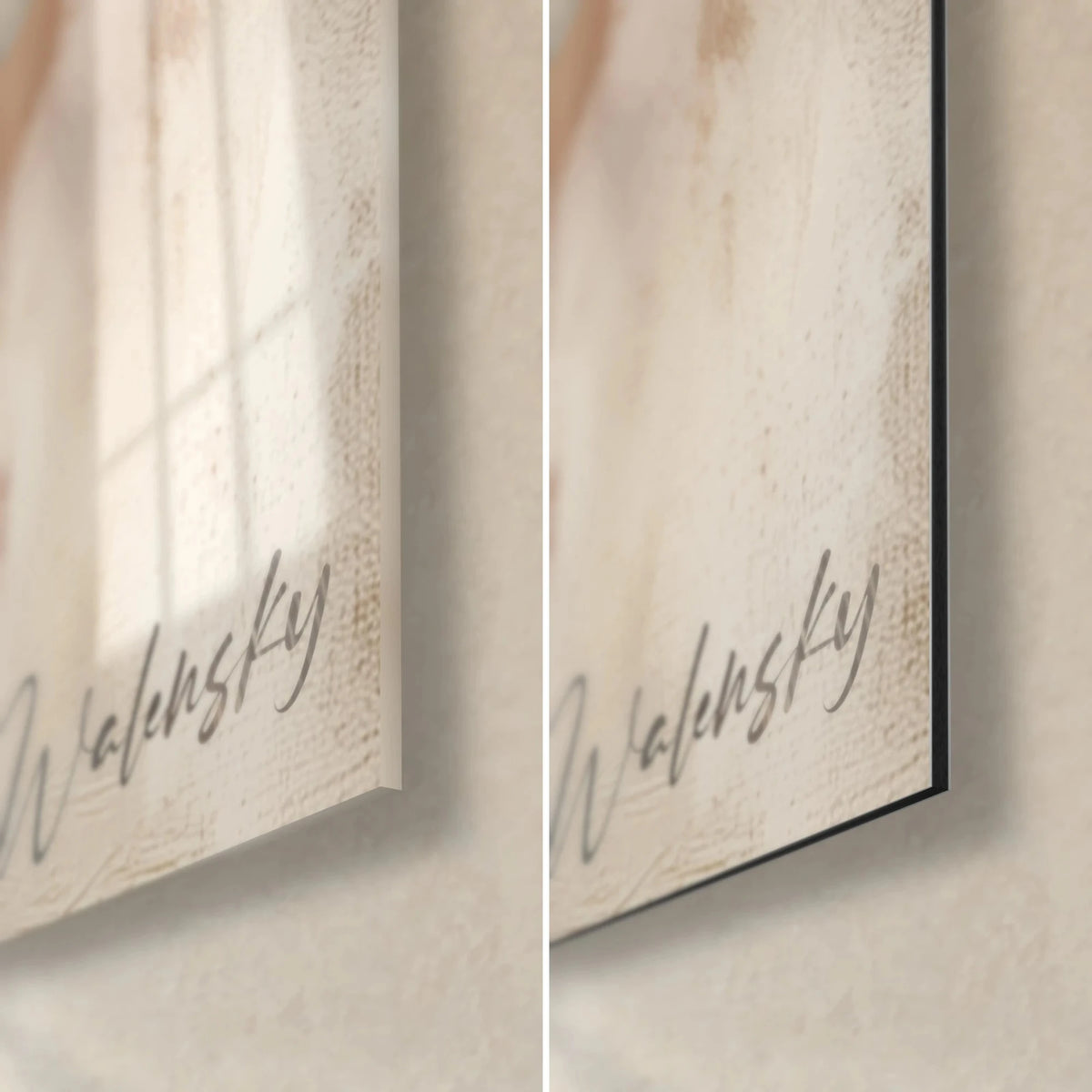 Wall art painted portrait of Santa Claus, bottom right corner: glossy glass on the left, matte black Dibond on the right, grey signature