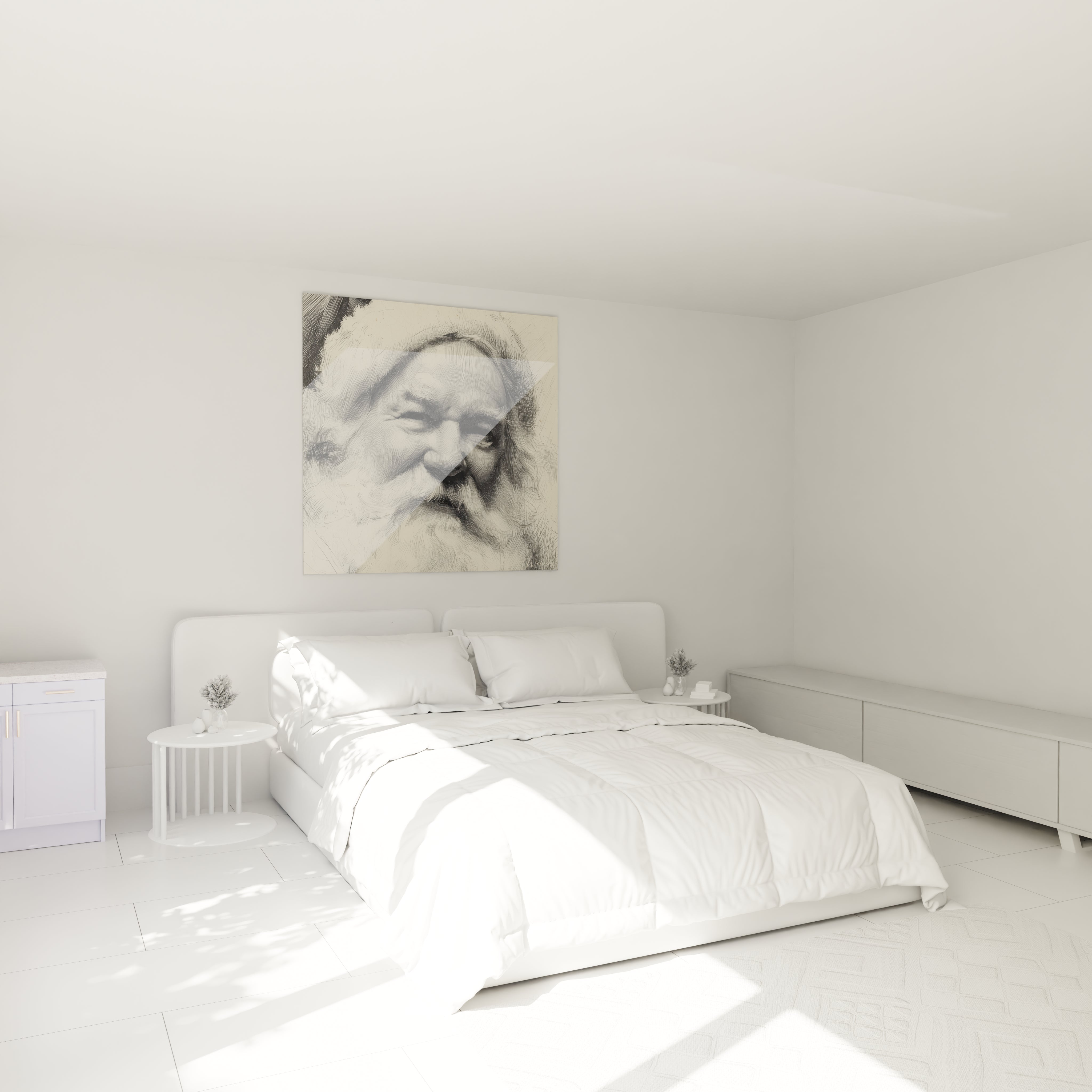 Tableau Père Noël en noir et blanc accroché au-dessus d'un lit dans une chambre lumineuse