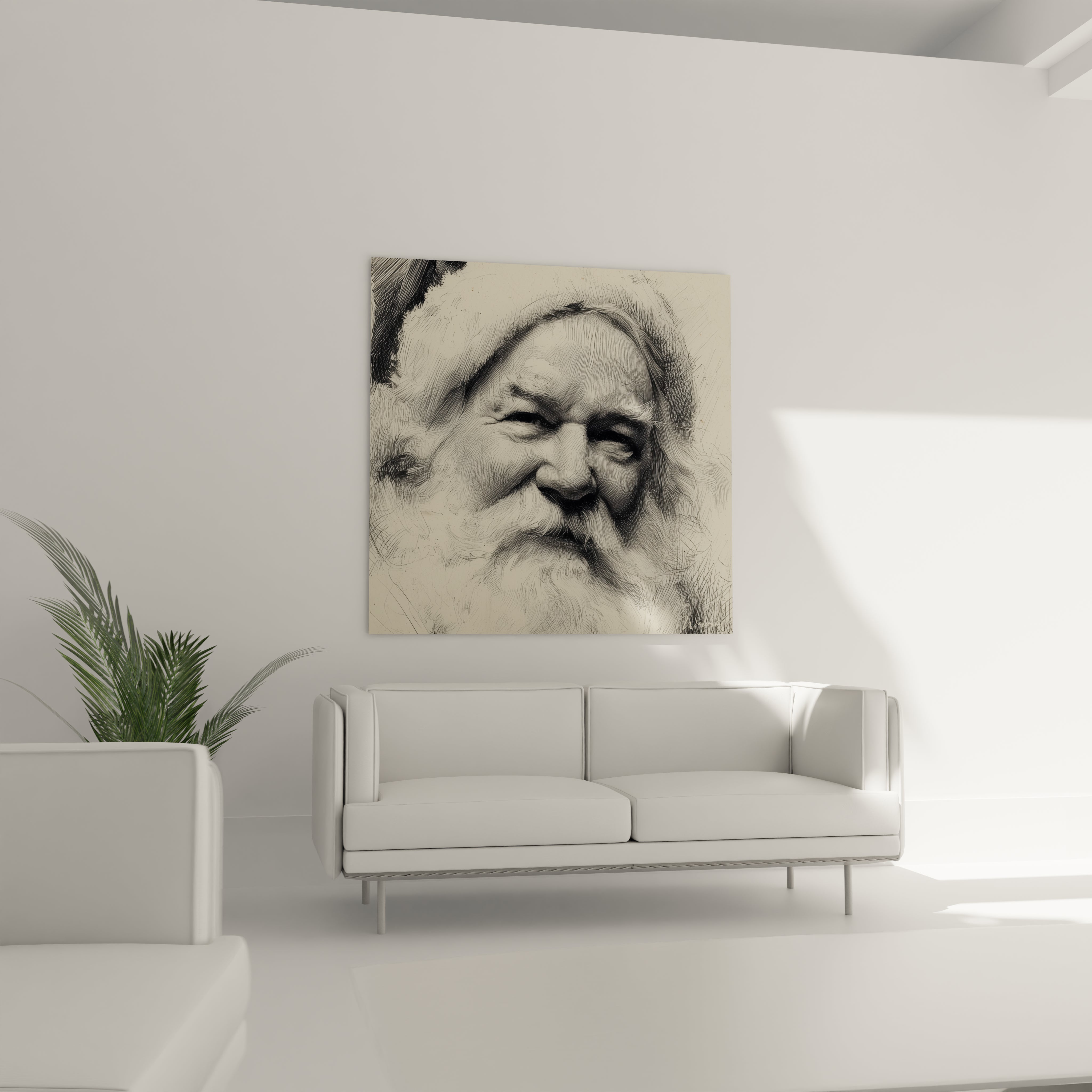 Tableau Père Noël en noir et blanc, affichant le visage souriant du père Noël au-dessus d'un canapé moderne