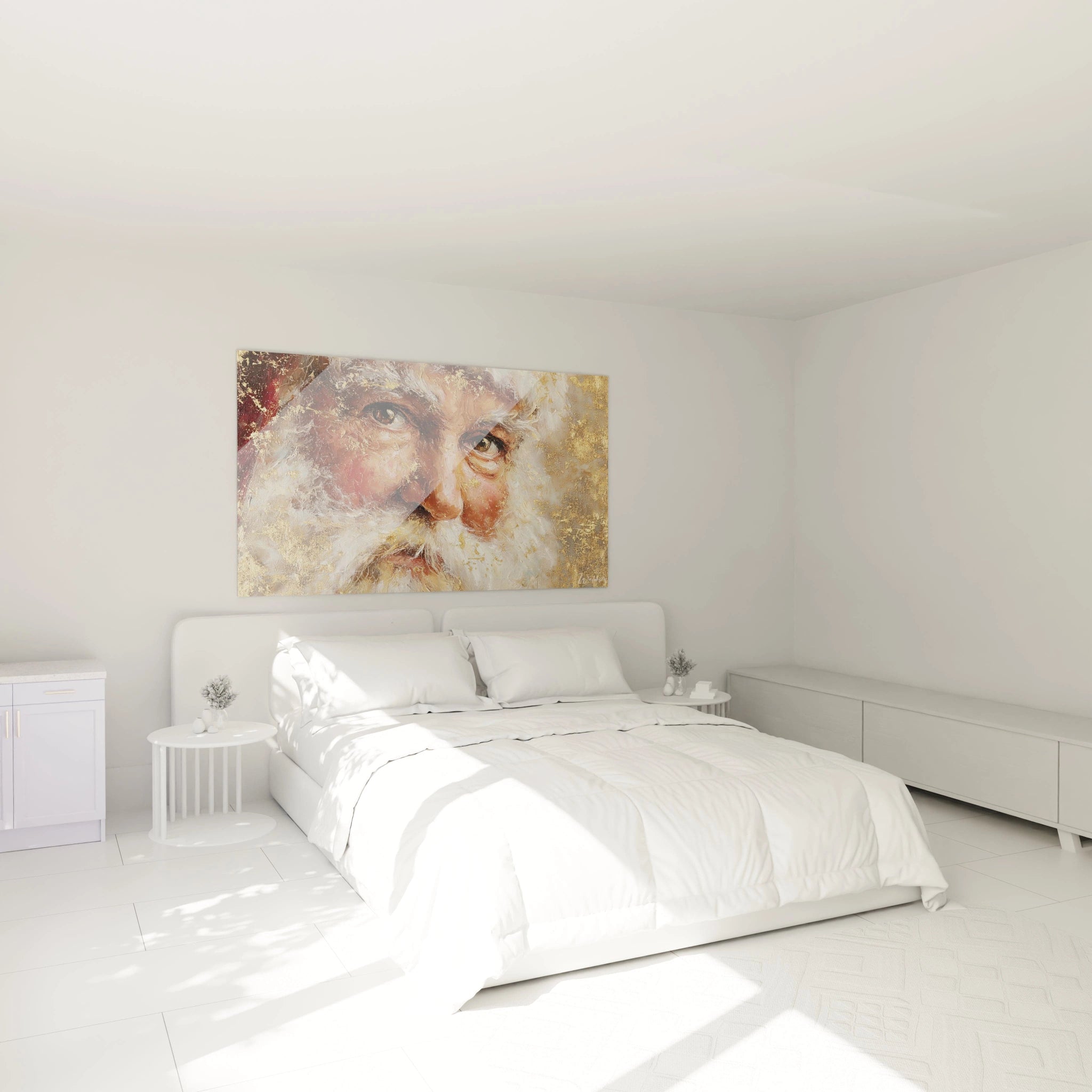 Tableau Père Noël édition Noël accroché au mur d'une chambre moderne et lumineuse