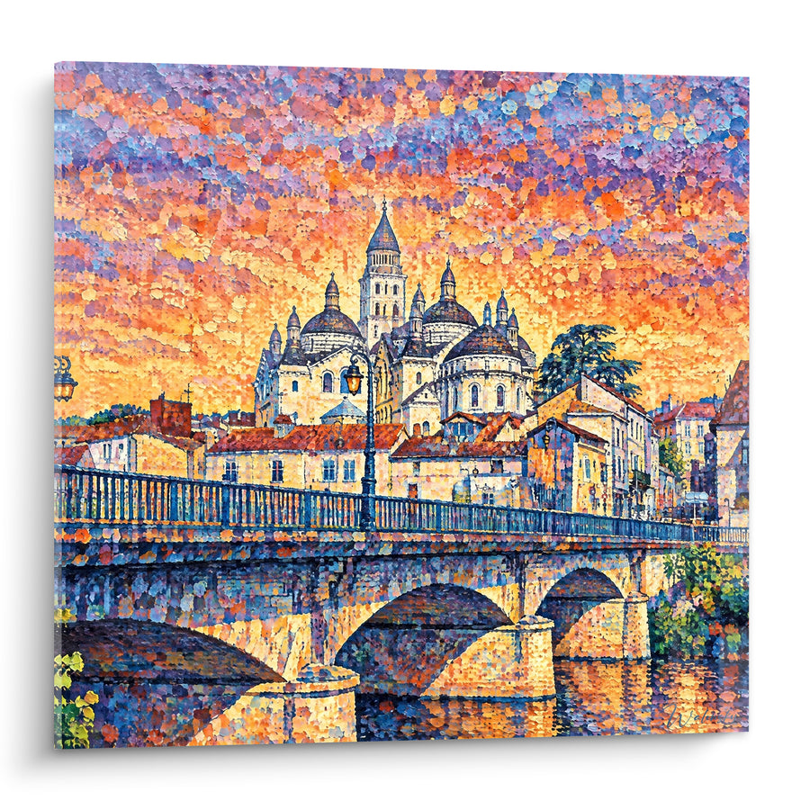 Schilderij Kathedraal Saint-Front brug oranje paars - Gloed van de avond - Editie Périgueux Nouvelle-Aquitaine Frankrijk