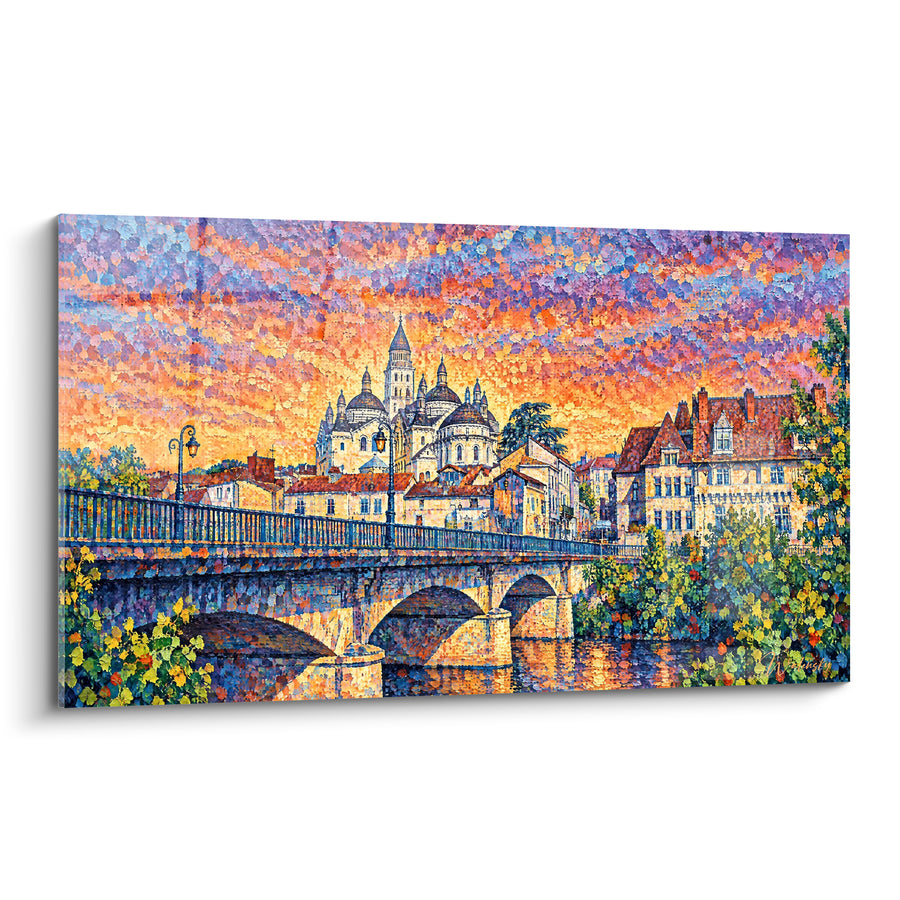 Schilderij Brug en kathedraal met oranje koepels - Flamboyant avondlicht - Editie Périgueux Nouvelle-Aquitaine Frankrijk