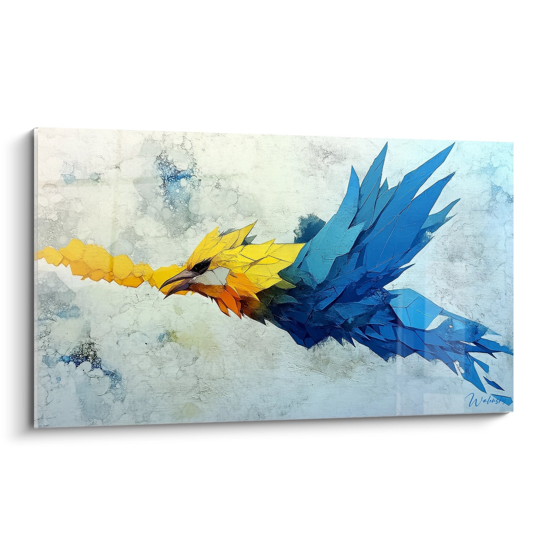 Tableau mural perroquet abstrait bleu et jaune en vol, style peinture moderne géométrique sur fond texturé