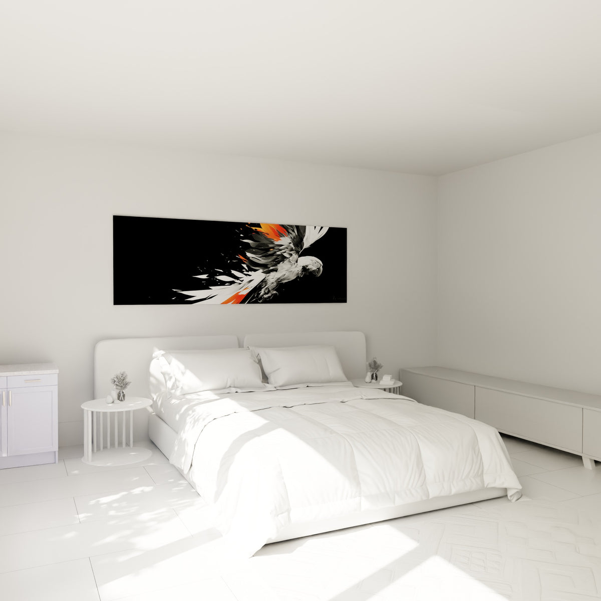 Oiseau aux ailes déployées noir et orange, au-dessus d'un lit dans une chambre claire