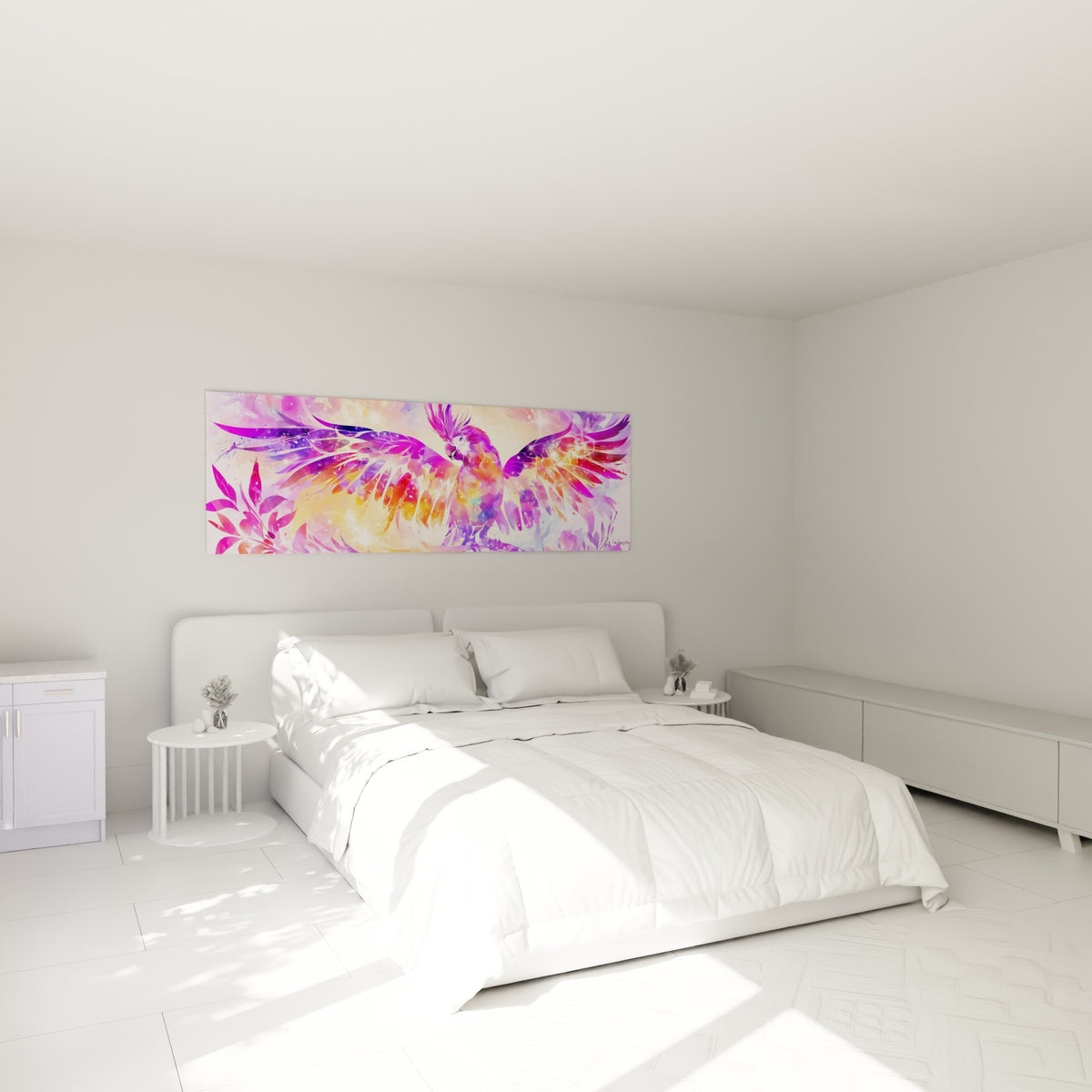 Envol de plumes violettes et roses scintillantes au-dessus d'un lit dans une chambre claire