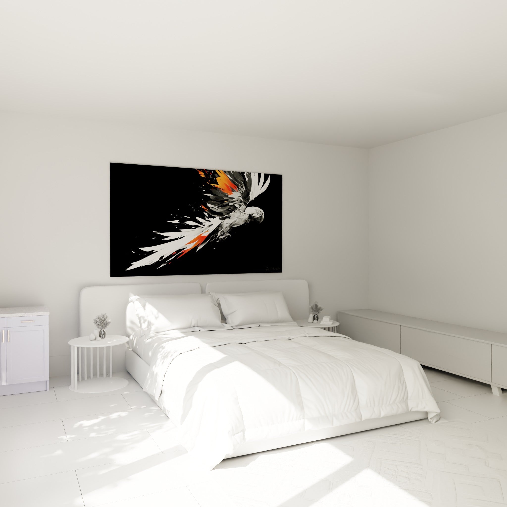 Envol du perroquet blanc et orange capturé au-dessus d'un lit dans une chambre claire