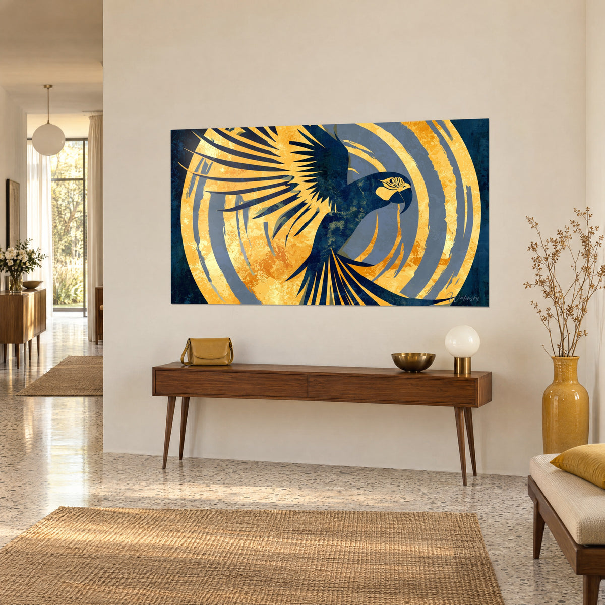 Wall art parrot in flight, navy fan-shaped feathers and ochre-gold spirals, above a wooden console, 1950s house