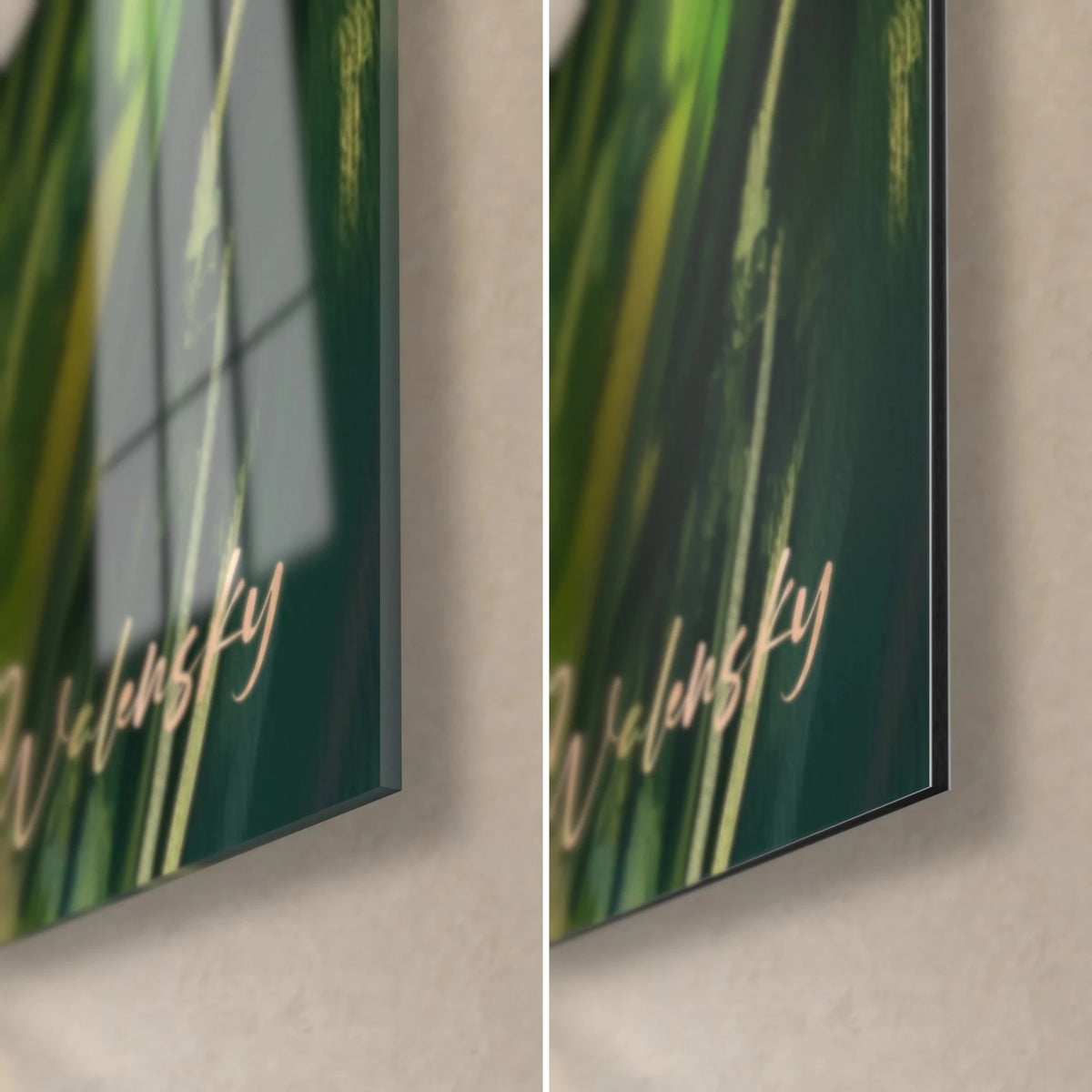 Gemälde eines Aras mit grünen und roten Federn, untere rechte Ecke: glänzendes Acrylglas links, matte Dibond-Alu mit feiner Kante rechts