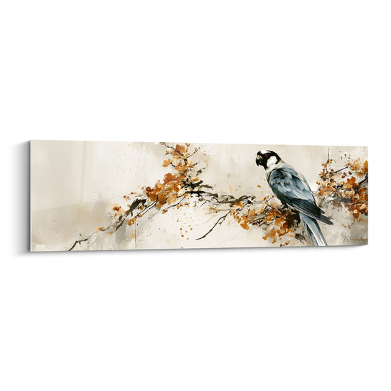 Perroquet anthracite et blanc perché sur une branche ocre, style pictural épuré sur fond beige